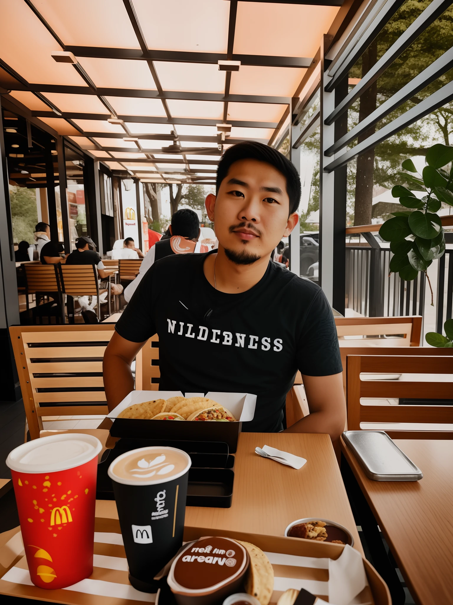 there is a man sitting at a table with a tray of food, eating inside mcdonalds, eating outside, fast food review, getting his tacos and drink), taken with sony alpha 9, profile photo, shot on nikon z9, asian male, taken in the early 2020s, sitting in a cafe, he is about 2 5 years old