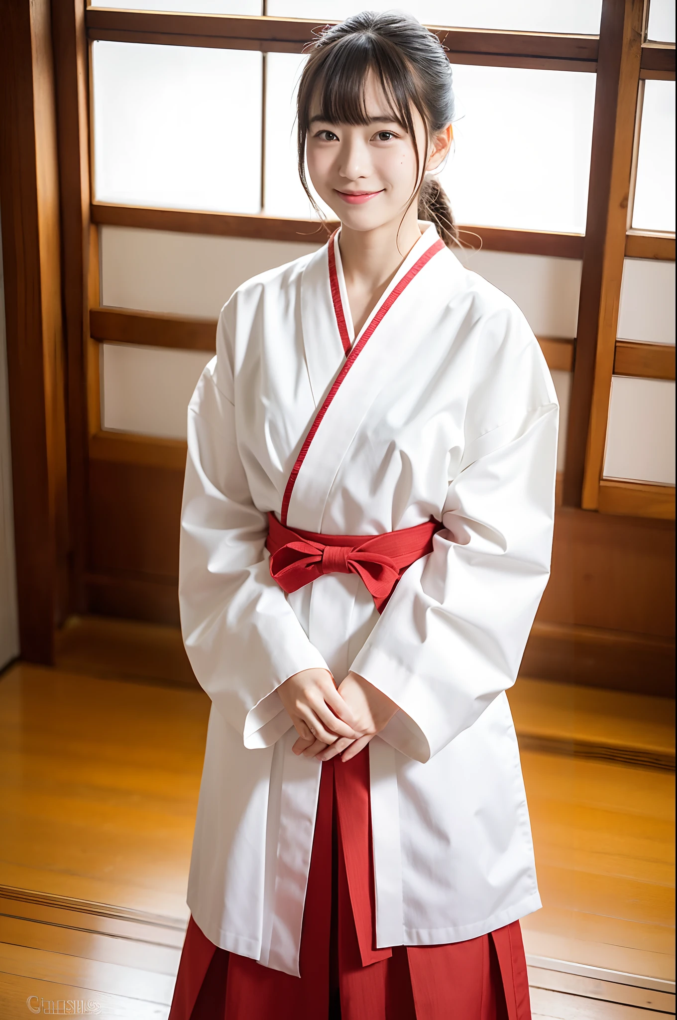 girls in old-Japan school classroom,red hakama-bottom,very long sheer sleeved white hakama-top,white socks,red string bow on hair,18-year-old,bangs,a little smiles,knees,low ponytail,from below