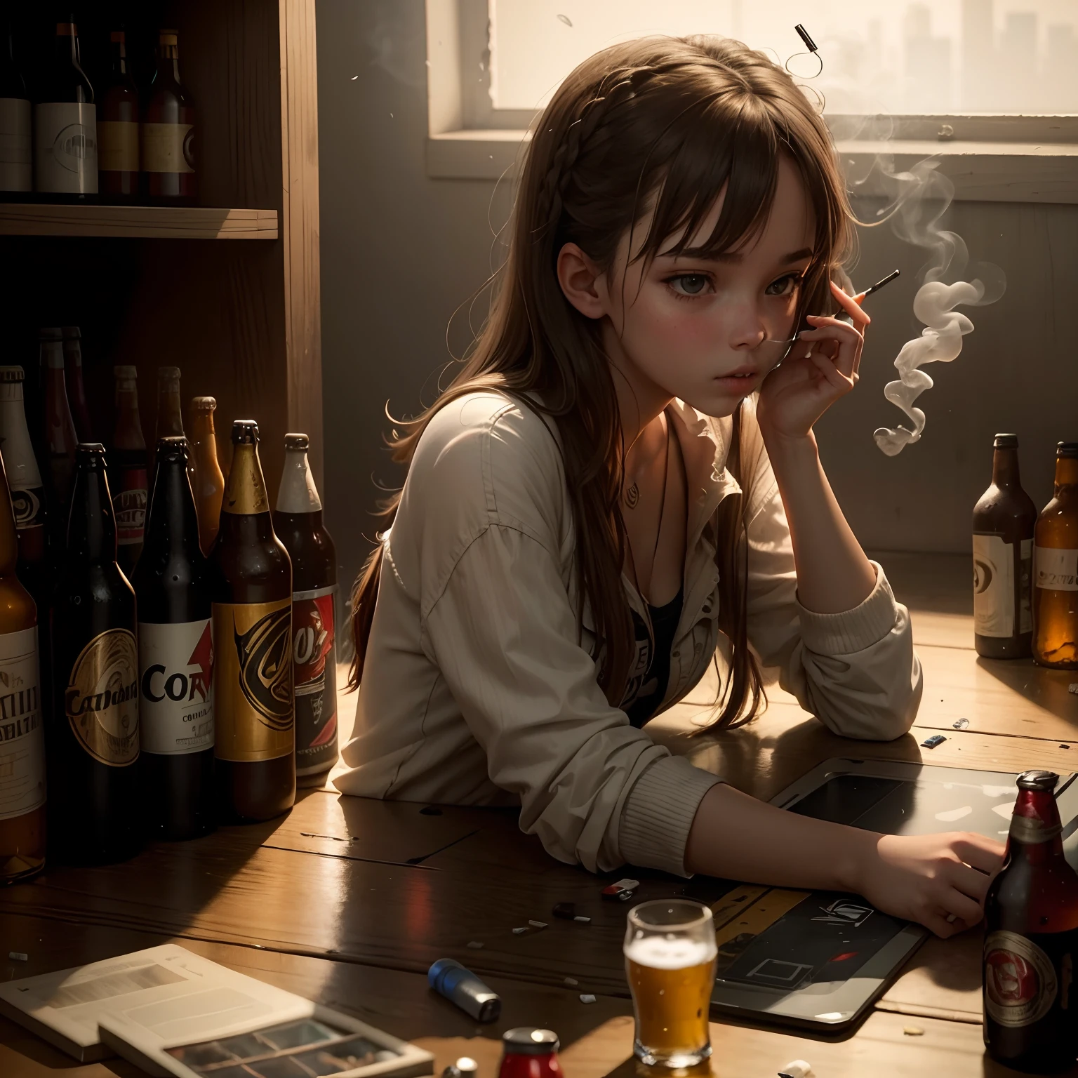 A girl smokes a cigarette in a dimly lit room,Play games,There are a lot of scattered beer bottles next to it