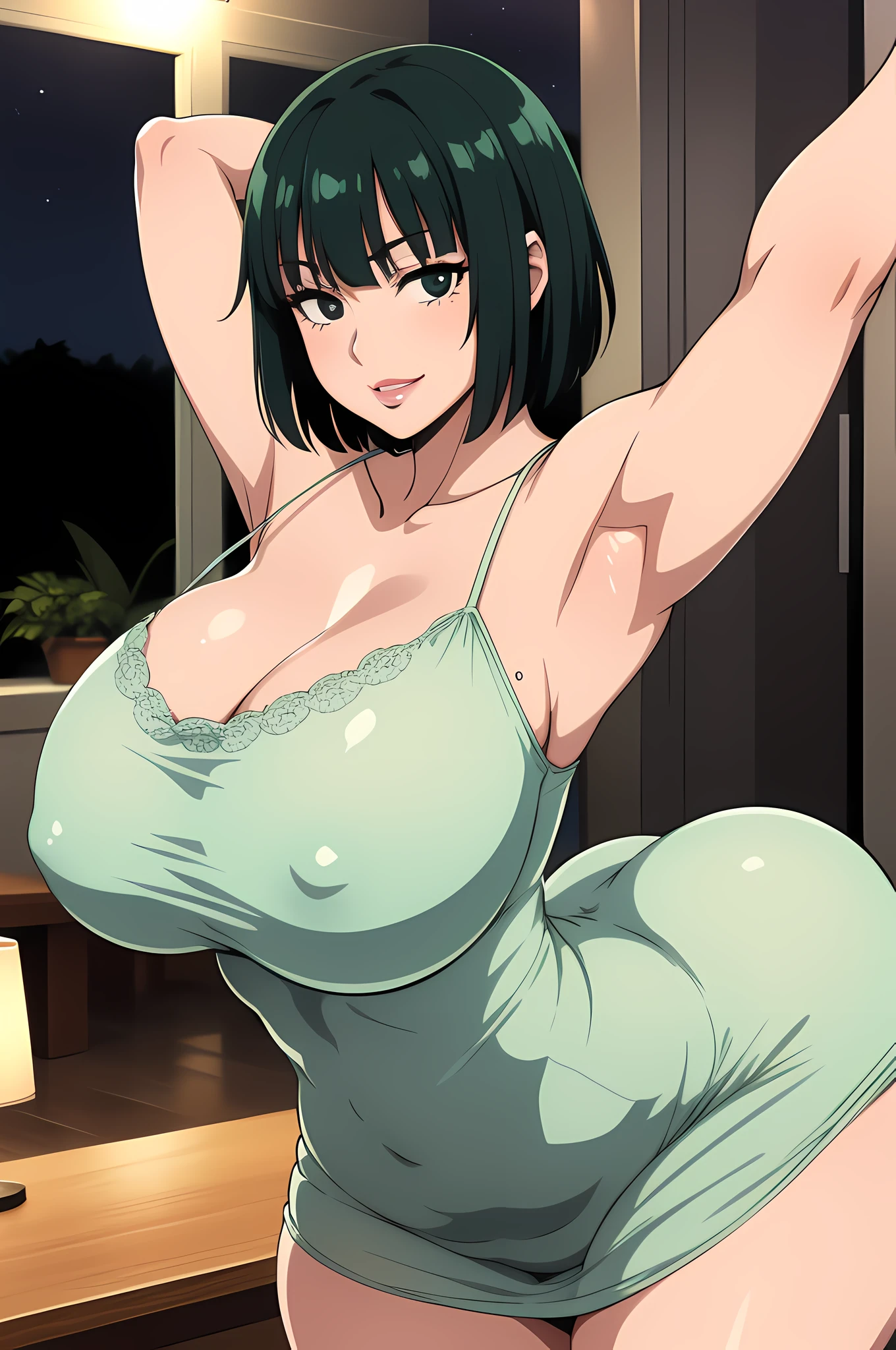 fubuki, 1girl, ((bimbo))), short green hair, black eyes, puffy lips, painted lips, thick lips, smile face, wide hips, thick thighs, enormous round fake breast, huge round Bella bellz ass, shiny skin, ((sexy nightdress)), camel toe, stretching out yoga
