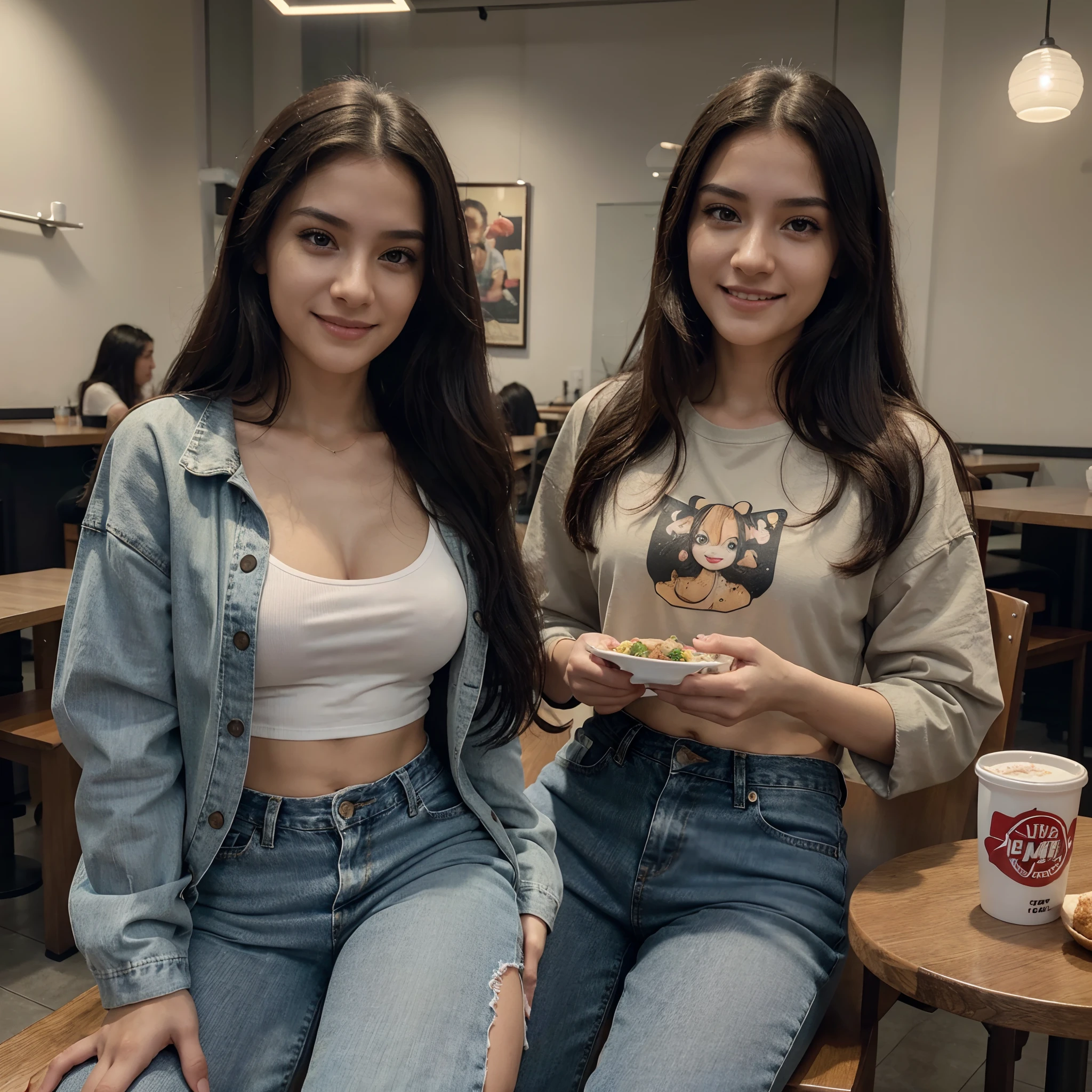 One woman of about 20 years old, black long hair, body measurement 36-25-36, height 5'7", Hazel eyes, wearing long baggy jeans and kawaii t shirt and jacket , sitting at a table with a plate of food, restaurant scene, yummy, eating food, smiling, instagram model, candid pose, Full Body full height Shooting, Masterpiece, RAW Photography, 8k, Top Quality, Fine Pore, Photorealistic, Ultra Detailed, (high skin detail:1.2),Extremely detailed, Intricate, sharp-focus
