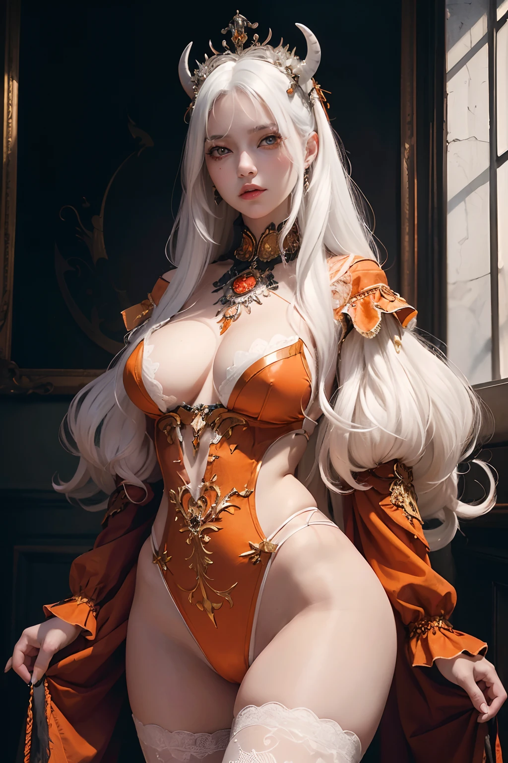 Isabella part\(My wife is the Demon Queen\), (unbelievable Ridiculous, (high resolution:1.18), intricately details, (Masterpiece:1.1), (Highest quality:1.1), absurderes) Break (1girll, Solo, Portrait, White hair, Orange eyes, Long hair, Detailed eyes), Read DESC,(Beautiful thighs)，