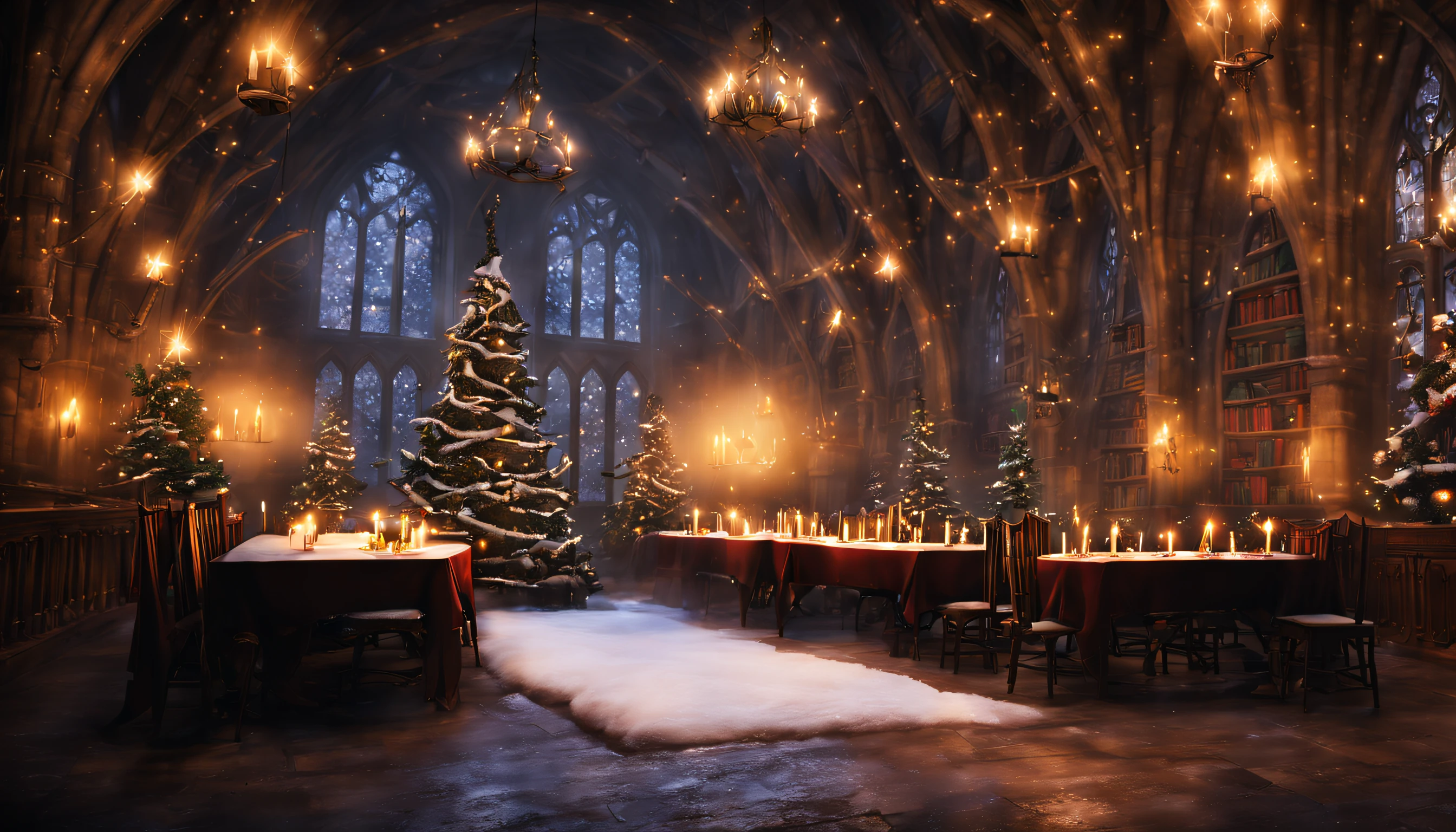 Hogwarts Presentation Background, The upper part is decorated with snow, garlands and spruce branches, on the edges are various magical items from Hogwarts School, Middle: Light, EMPTY, Here you need to leave space for the text, Warm light, Winter mood of the soul , The feeling of a holiday and an approaching Christmas.