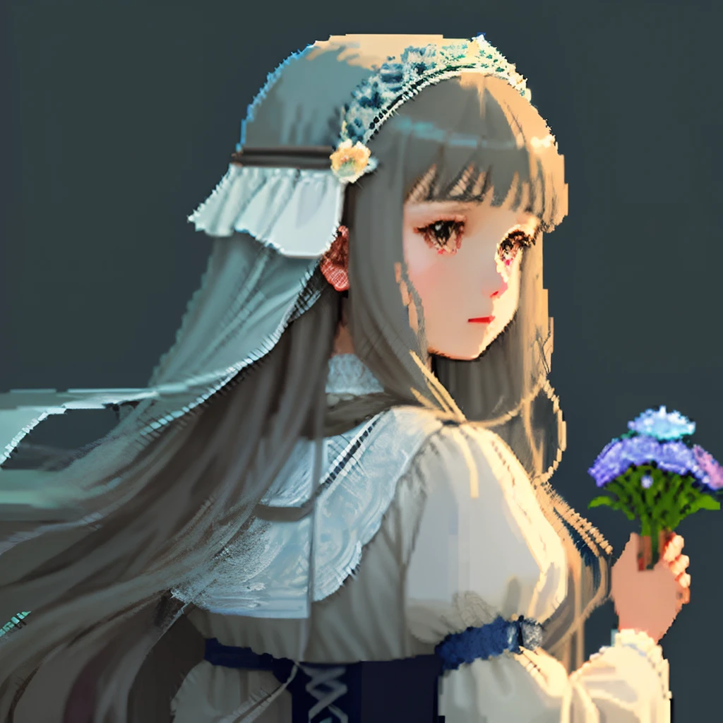 Pale light blue antique dress、Girl with long hair of dull blue-brown color、Blunt bangs、Look back and look at this.、Pixel art、Pixel Art Illustration、pixels、Plain background、Upper body、For icons、pixels_Art Book,Composition centered on the face、Straight face、Gothic headdress、pixels、Game-style illustration、Pixel art、pixels、Holding flowers