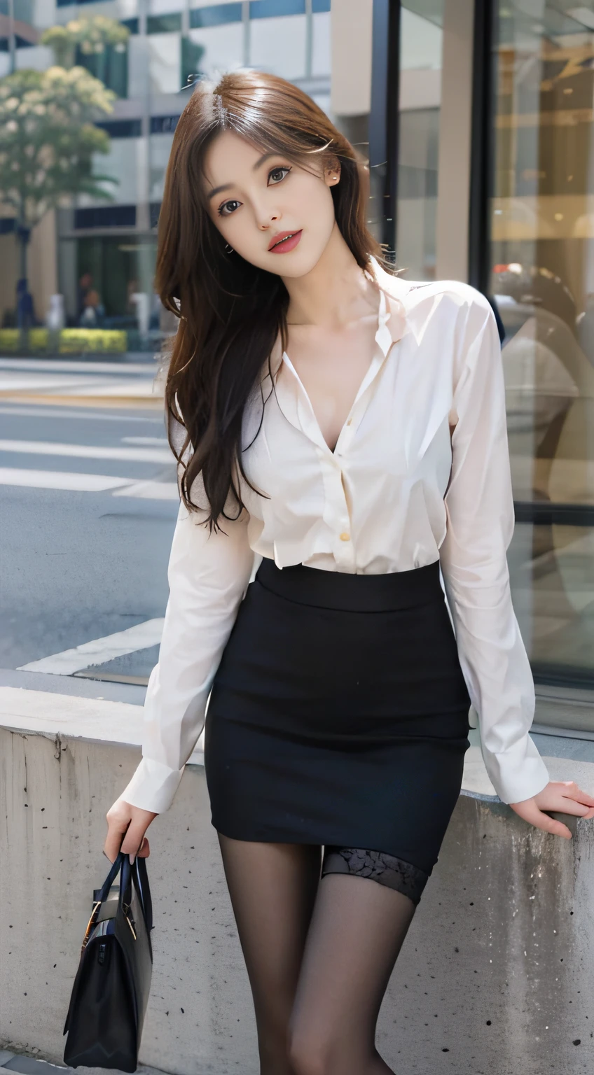Woman in a suit standing on the sidewalk,((23-year-old woman))、small Breasts、Dark brown hair color、Hairstyle with bangs、Various hairstyles、Hairstyles of different lengths、(8k, RAW Photos, highest quality, Tabletop: 1.2),、(Realistic, Realistic: 1.3), Cityscape, Day, Sunny Morning, Professional Lighting, Photon Mapping, shirt, (Woman in a suit,) Silk Suit、Pencil Skirt、Tight Skirt、((Delicate photo)),(Detailed RAW Photos of Girls), (Tabletop:1.25), (highest quality:1.6), (超A high resolution:1.5), (Realistic:1.75), 8k resolution, Caphin EOS R5, 50mm, absurdes, Ultra-detailed,Cinema Lighting, (Skirt Lift:1.5)、nsfw、the wind is strong、smile、Skirt flipped up, ((phi_panties)), beautiful pussy, nsfw,