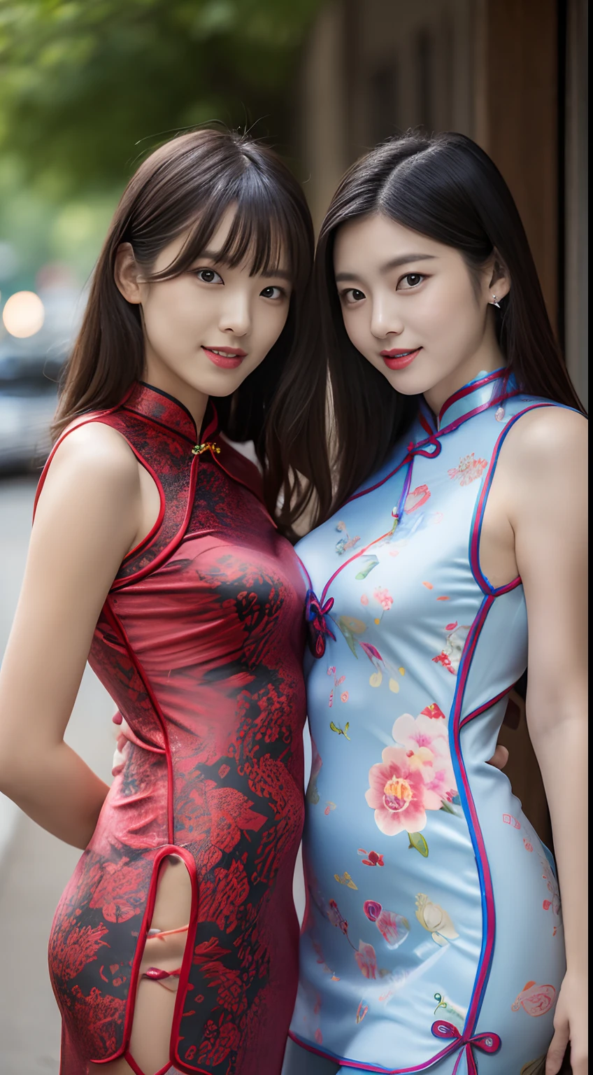 masutepiece, Best Quality, Ultra-detailed, finely detail, hight resolution, 8K Wallpaper, Perfect dynamic composition, Natural Color Lip,(Wearing a black cheongsam,:1.3),(double buns hair:1.3),drawn action: (Girls must stand in sexy poses :1.3),20 years,cowboys_shot,In the darkness,Red light