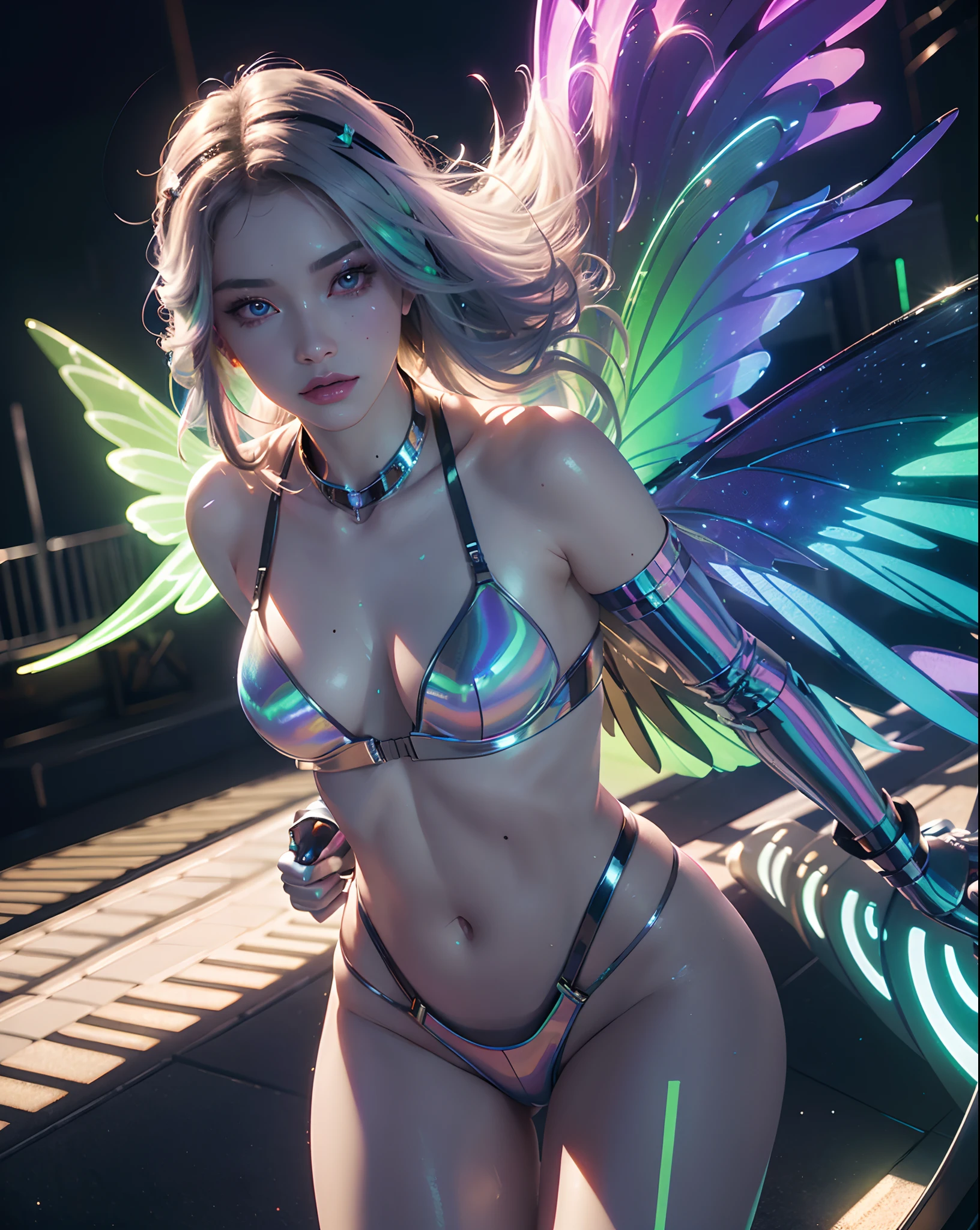 Rainbow Mechanical Girl
Mechanical body,metal body,reflective surfaces,holographic projectors
Character themes,female android,beautiful detailed eyes,beautiful detailed lips,extremely detailed face,longeyelashes,silver hair,glowing neon lights,fantasy outfit,empowered posture
Material,concept art,3D rendering,metallic sheen,shiny surface,vibrant colors
Additional details,(mechanical wings:1.3),glowing circuit patterns,rainbow-colored energy flowing through her body,digital butterflies fluttering around her,floating in mid-air,energetic movements
Image quality,(best quality,4k,8k,highres,masterpiece:1.2),ultra-detailed,(realistic,photorealistic,photo-realistic:1.37),HDR,UHD,studio lighting,ultra-fine painting,sharp focus,physically-based rendering,extreme detail description,professional,vivid colors,bokeh
Art style,concept art,sci-fi,anime
Color tones,iridescent,rainbow hues,neon colors,futuristic color palette
lamplight,dynamic light sources,soft glow,subtle shadows,light beams,electric light effects