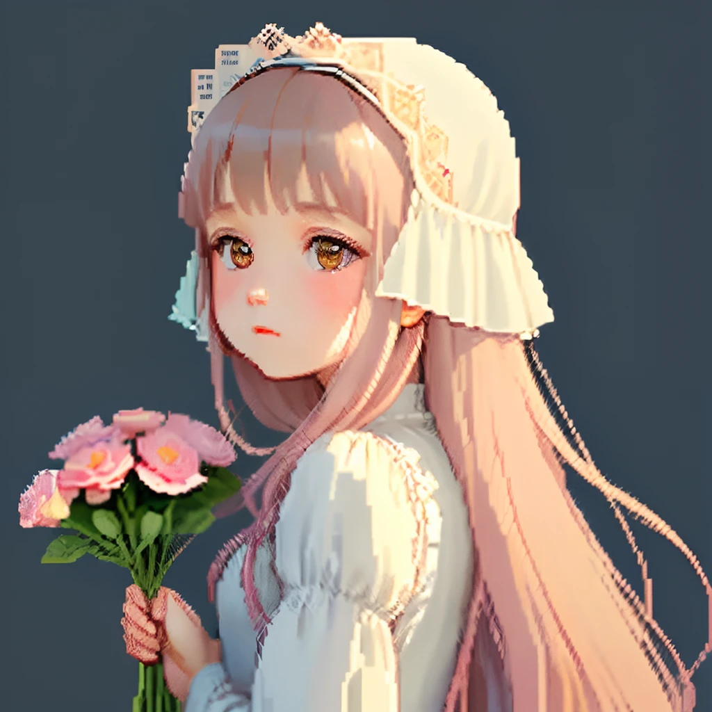 Pale light blue antique dress、Girl with long hair in dull pink-brown color、Blunt bangs、Look back and look at this.、Pixel art、Pixel Art Illustration、pixels、Plain background、Upper body、For icons、pixels_Art Book,Composition centered on the face、Straight face、Gothic headdress、pixels、Game-style illustration、Pixel art、pixels、Holding flowers