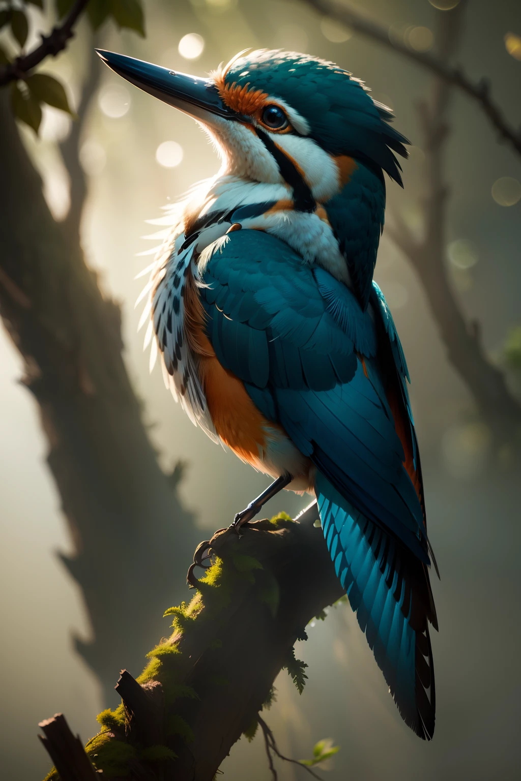 A kingfisher stands gracefully on a branch, Strong morning light diffuses through the mist，Slowly rising around, Highlight its intricate feathers in dramatic side lighting