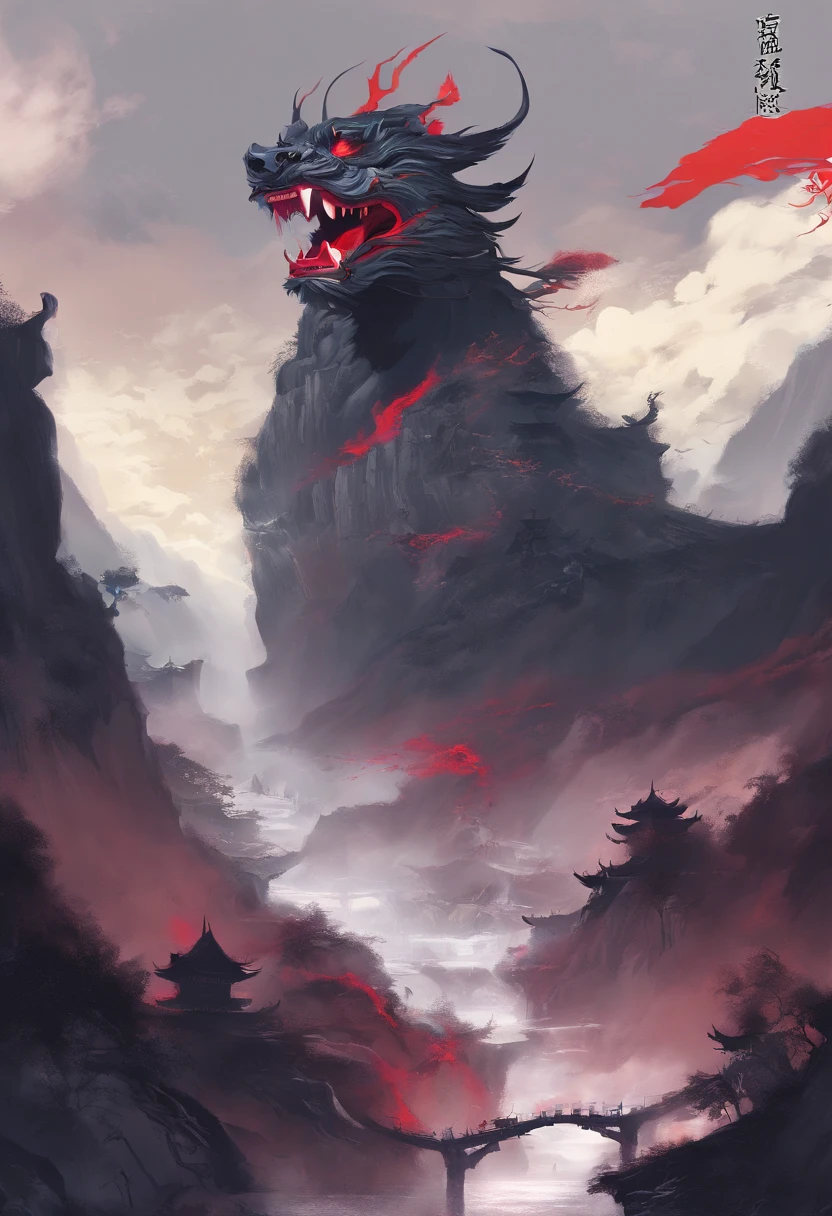 china style,Chinese mythology,drak,tosen,Fierce,immensity,Very long canines, Eyes glow red,Luminous effect,High hills,Cloud,it is night,中景 the scene is,As a whole body, Highly detailed surreal VFX,OC Rendering, - AR 16:9 --q 2 --s 1000