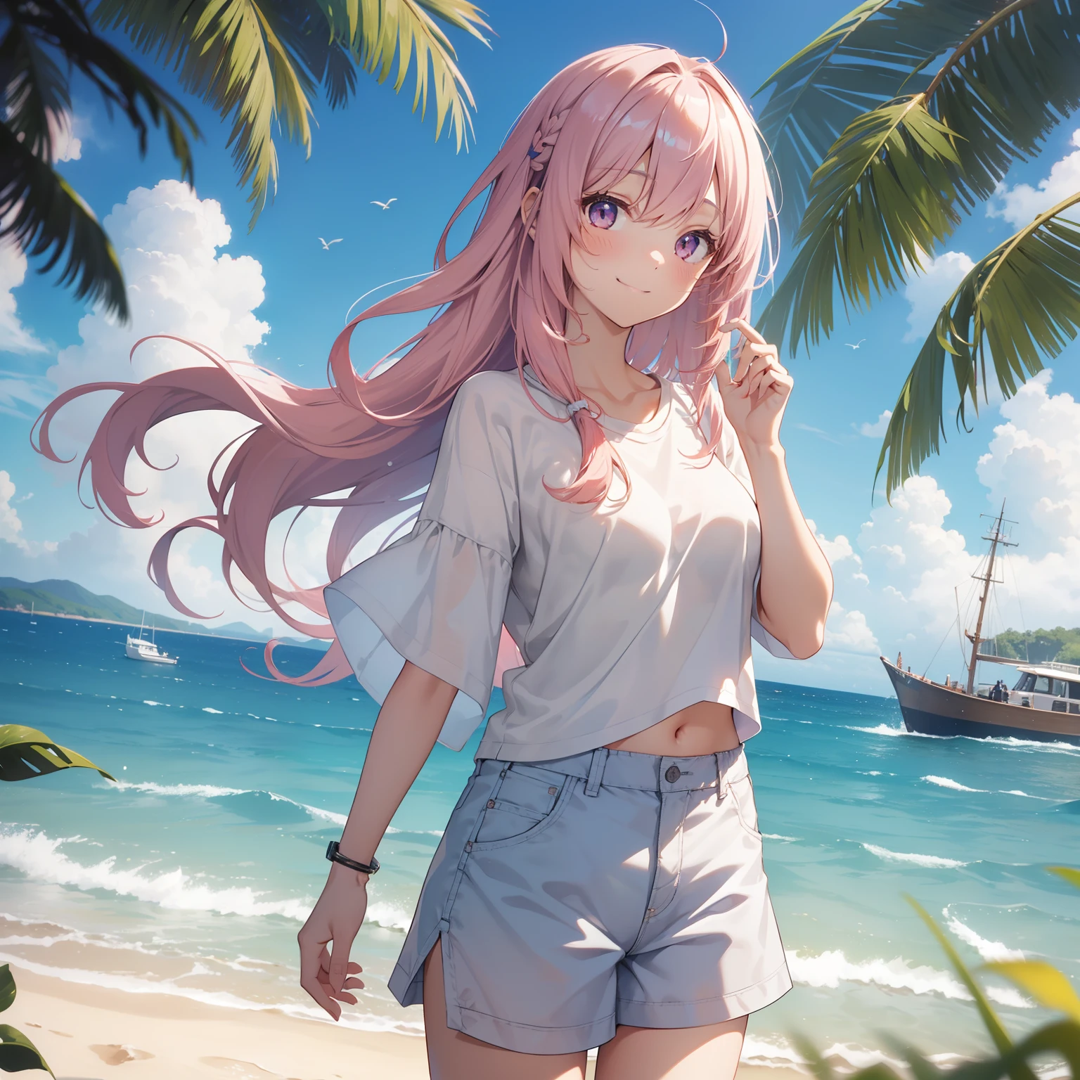 (masutepiece,Best Quality,8K),(extremely detailed CG1.1),Girl standing on the surface of the water emitting a beautiful light,Smile,(From below:1.2),Intricate details , Hyper realistic, Perfect Anatomy,A pink-haired,Twin-tailed,Purple eyes,Permed hair with wavy hair,(((length hair))),hair slicked back,(((Standing))),Full body,Long white T-shirt,Short pants,blush,Happy smile,Quaint coastal fishing village with colorful boats,Lens Flare,Wind,Magnificent view,(chromatic abberation:1.3),Dynamic Angle,bird flocks,Cowboy Shot,Looking at Viewer