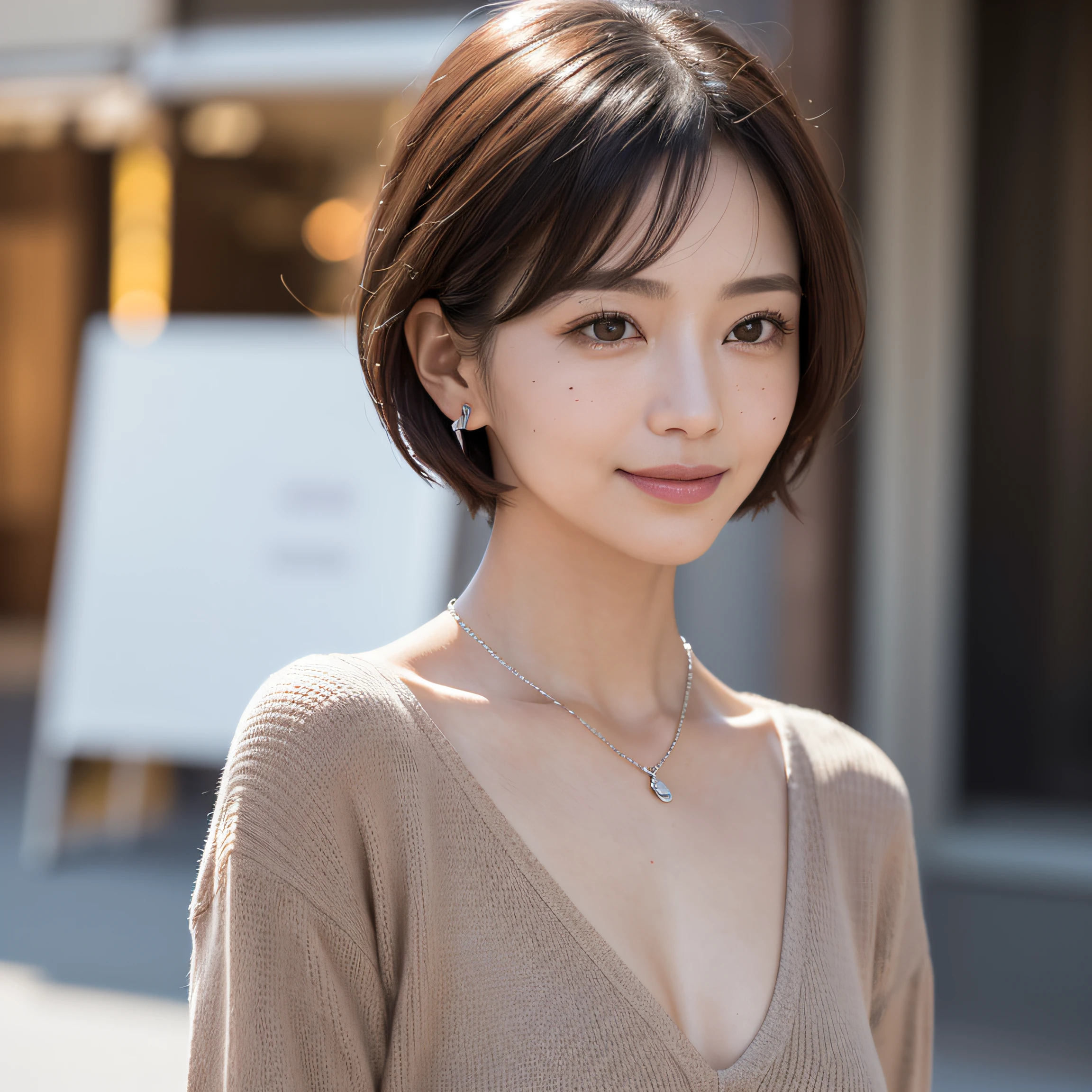 (8K, top-quality, ​masterpiece:1.3, 超A high resolution, A hyper-realistic), High Detail, (Face like the real thing), Photorealsitic, Raw foto, ((one beautiful women)), Detailed face, beautidful eyes, realisticeyes, Eyes in Beautiful Details, (real looking skin), Beautiful skins, enticing, depth of fields, hight resolution, High pixel count, ((Sideways face, Looking away, Don't look your audience in the eye, Don't look at the camera)), fashionable cafe, The background is also in the picture, clear details, sharp photo, Natural color reproduction, Noise Reduction, High fidelity, Small pendant in silver color, A small necklace in silver color, (Wine-colored light knit U-neck shirt, Neat and clean clothing, Clothing that makes it difficult to see the chest, Clothing that makes it difficult to see the chest, Clothes with hidden breasts), small tits, Sexy lips, Ears are visible, a smile, kindly smile, Beautiful skins, enticing, the golden ratio, (Detal Face:1.2), profetional lighting, Lighting the face, best light, japanes, A Japanese Lady, Japan Mature Woman, a matural female, Short Bob Hair, ((sixty years old, Beautiful, Wrinkles on the face, Wrinkles at the corners of the eyes, Nasolabial fold wrinkles, Small wrinkles, Beautiful, Beautiful Aunt, Moderate moles, Small mole on the face))