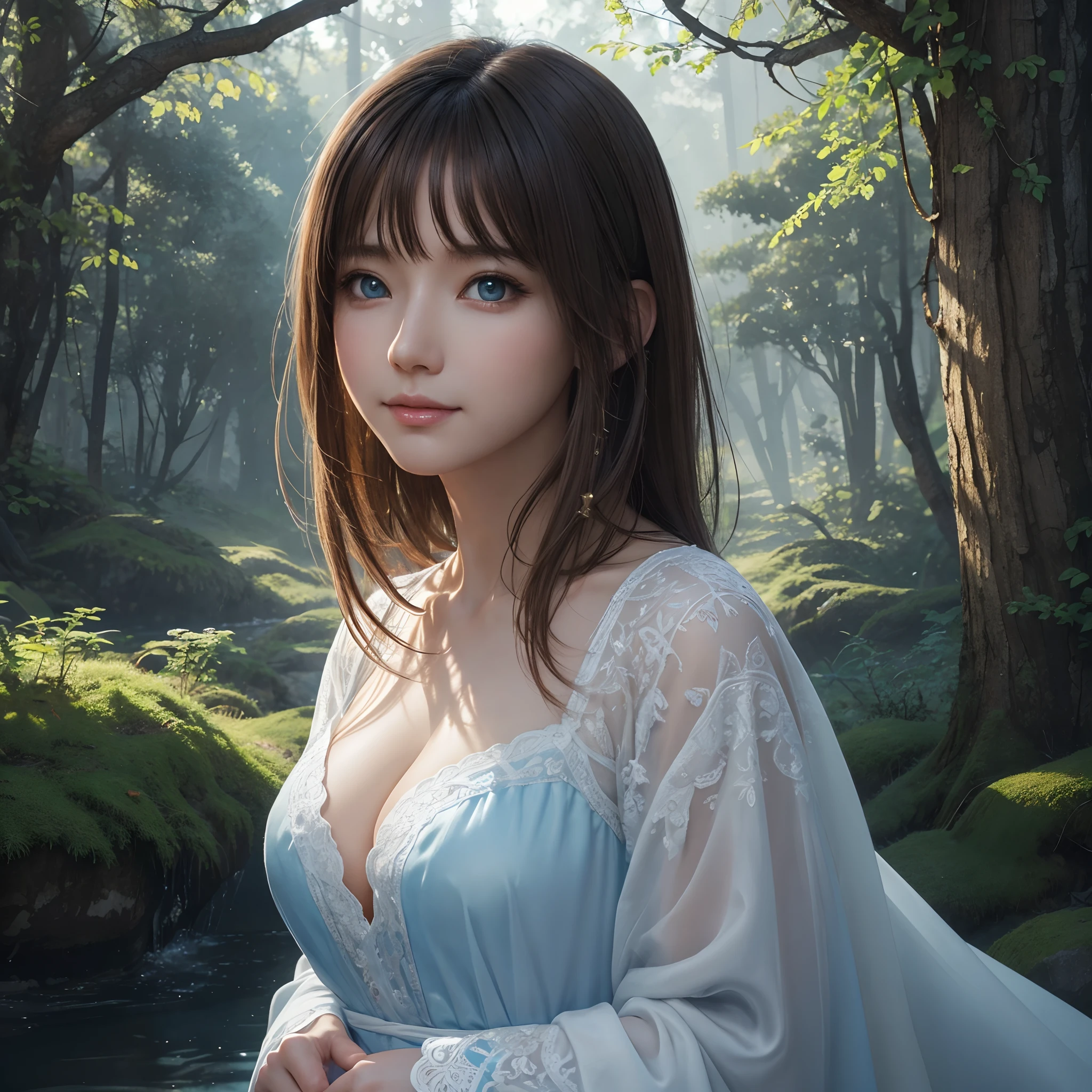 hightquality、8K Ultra HD、fullllbody、1 16-year-old female、Gentle smile、Rich facial expressions、Glass harp、robe blanche、light brown hair、Blue eyes、(Lovely soothing forest and babbling in the background)、cute little、Beautiful fece、portlate、Antique architecture、Crystal Brilliance、art by:Alberto Seveso、Abstract art style、Complex and intricate watercolor painting 、digitial painting、concept-art、Volumetric lighting、TanvirTamim、metal reflective、2d render、8K。 by artgerm、Trending on ArtStation