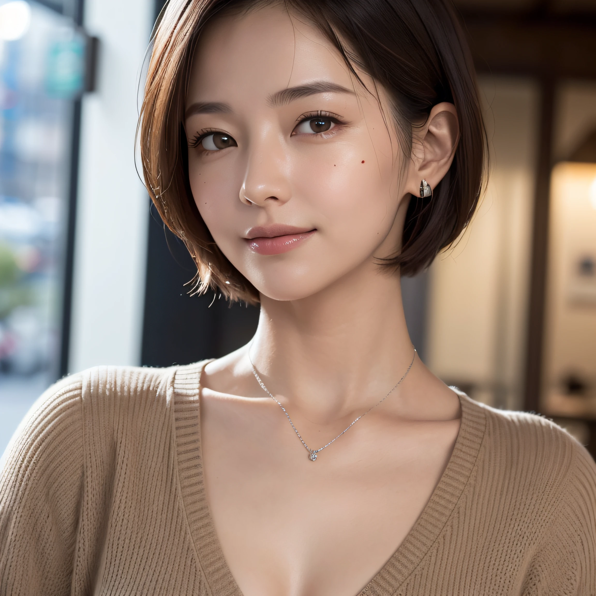 (8K, top-quality, ​masterpiece:1.3, 超A high resolution, A hyper-realistic), High Detail, (Face like the real thing), Photorealsitic, Raw foto, ((one beautiful women)), Detailed face, beautidful eyes, realisticeyes, Eyes in Beautiful Details, (real looking skin), Beautiful skins, enticing, depth of fields, hight resolution, High pixel count, ((Sideways face, Looking away, Don't look your audience in the eye, Don't look at the camera)), fashionable cafe, The background is also in the picture, clear details, sharp photo, Natural color reproduction, Noise Reduction, High fidelity, Small pendant in silver color, A small necklace in silver color, (Wine-colored light knit U-neck shirt, Neat and clean clothing, Clothing that makes it difficult to see the chest, Clothing that makes it difficult to see the chest, Clothes with hidden breasts), small tits, Sexy lips, Ears are visible, a smile, kindly smile, Beautiful skins, enticing, the golden ratio, (Detal Face:1.2), profetional lighting, Lighting the face, best light, japanes, A Japanese Lady, Japan Mature Woman, a matural female, Short Bob Hair, ((sixty years old, Beautiful, Wrinkles on the face, Wrinkles at the corners of the eyes, Nasolabial fold wrinkles, Small wrinkles, Beautiful, Beautiful Aunt, Moderate moles, Small mole on the face))