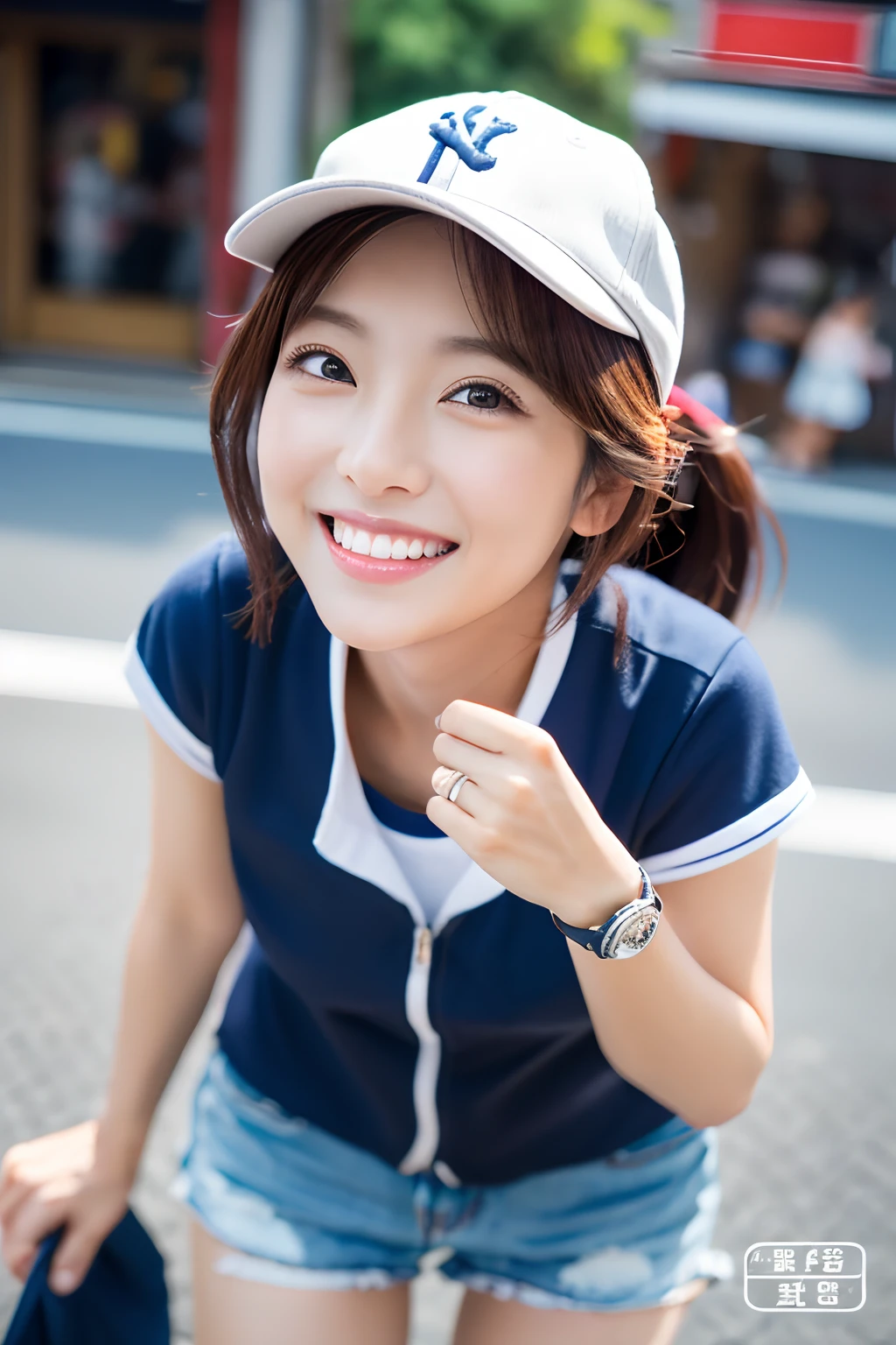 (top-quality、8k、32k、masterpiece、UHD:1.2)、Adult cute Japan woman photo、Wolfcut、baseball cap、shopping street、a smile、From above、looking at the viewers