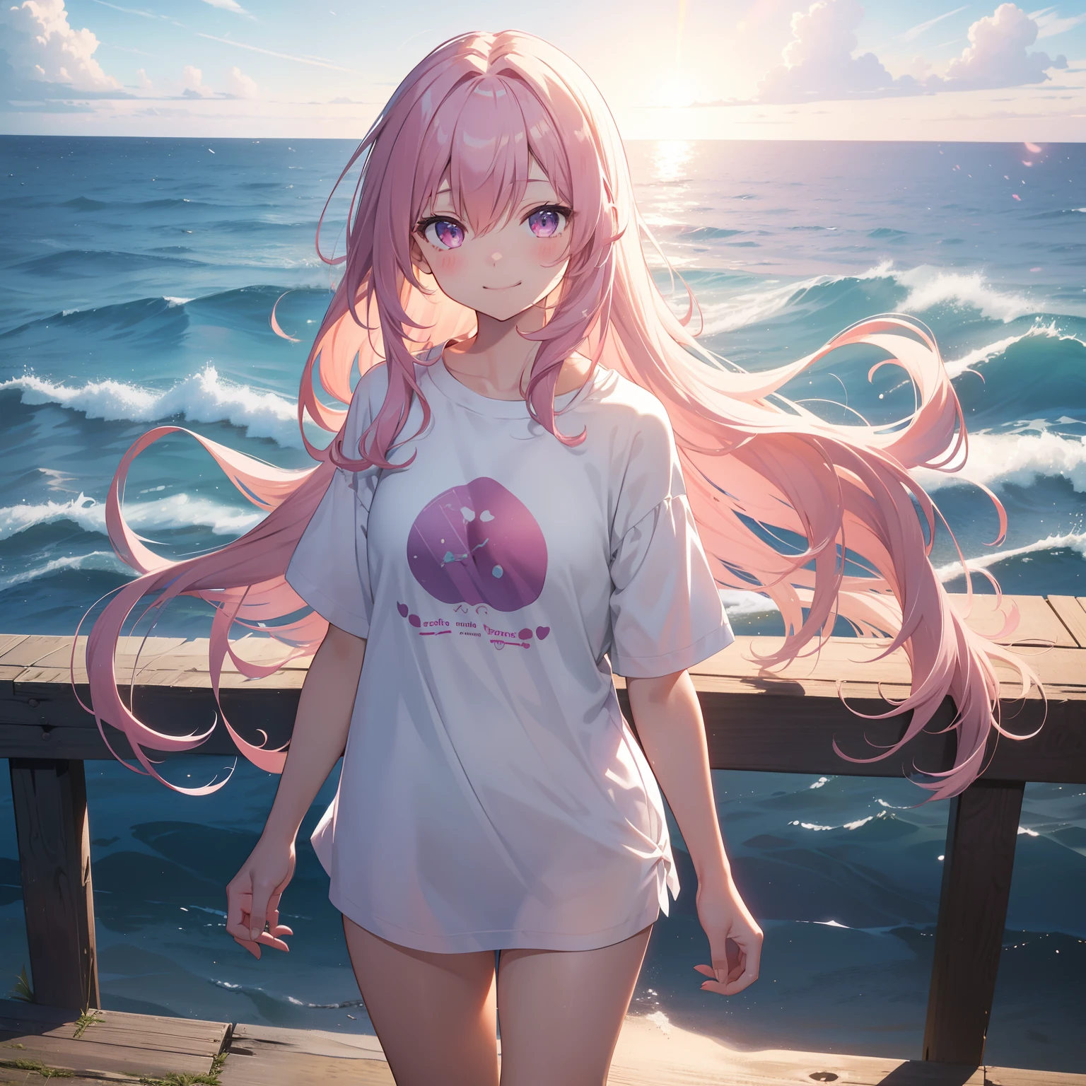 (masutepiece,Best Quality,8K),(extremely detailed CG1.1),Girl standing on the surface of the water emitting a beautiful light,Smile,(From below:1.2),Intricate details , Hyper realistic, Perfect Anatomy,A pink-haired,Twin-tailed,Purple eyes,Permed hair with wavy hair,(((length hair))),hair slicked back,(((Standing))),Full body,Long white T-shirt,Short pants,blush,Happy smile,Quaint coastal fishing village with colorful boats,Lens Flare,Wind,Magnificent view,(chromatic abberation:1.3),Dynamic Angle,bird flocks,Cowboy Shot,Looking at Viewer