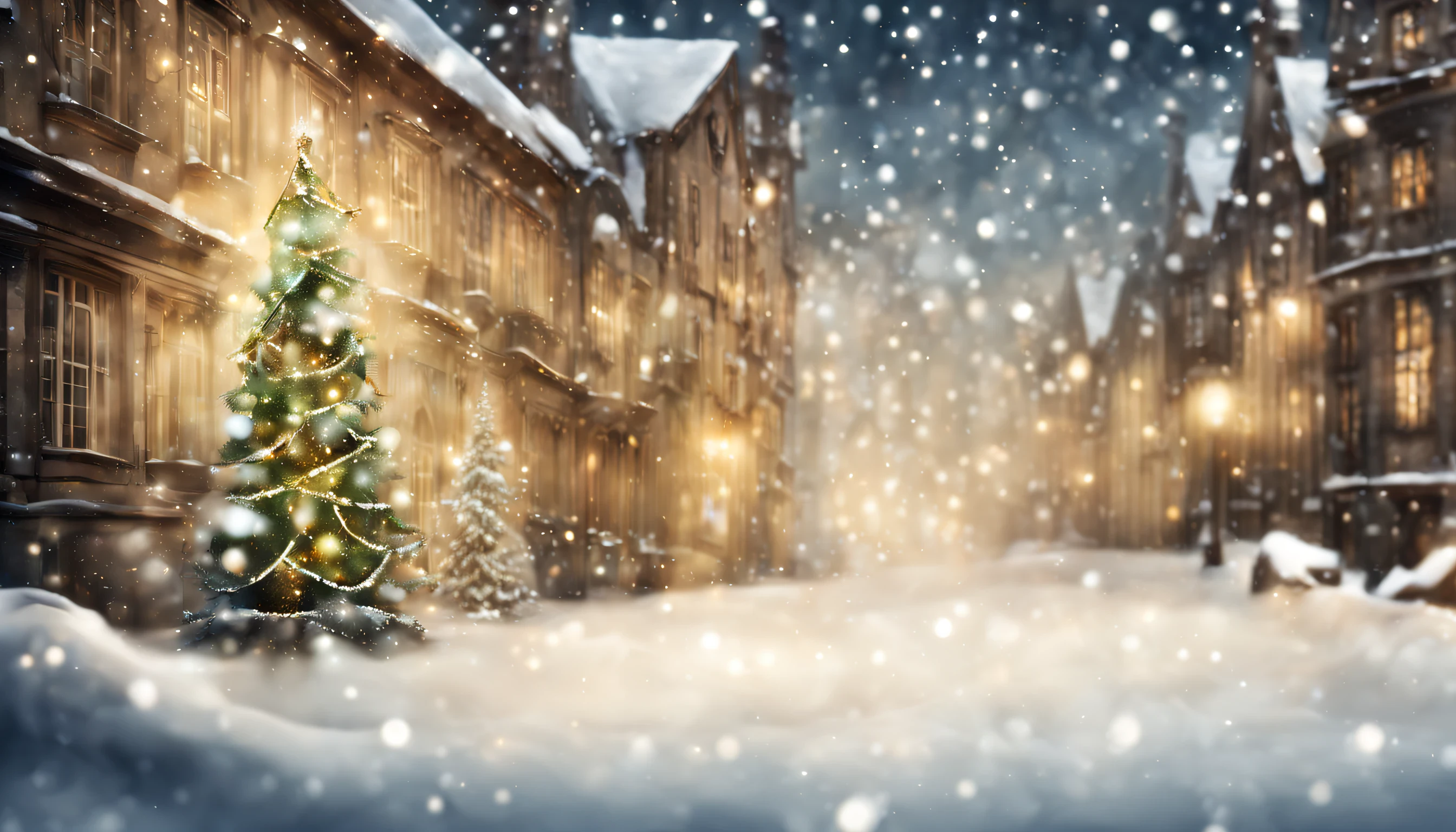 Background for the presentation of a commercial offer, the central part is free of a pattern, Light, The upper part is decorated with snow, garlands and spruce branches, on the edges are various magical items from Hogwarts School, Middle: Light, EMPTY, Here you need to leave space for the text, Warm light, Winter mood of the soul , Should convey the feeling of the holiday and the approaching Christmas.