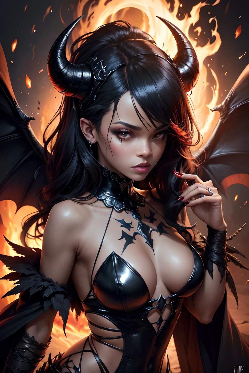 Rihanna ultra-detailed as a demon, Demon wings on his back and two horns on his head. She wears a dark crown of evil on her head and an evil queen's robe in black and red. Elle se tient au sommet d'un tas de ruines en feu. Diabolique et insidieuse, with an aura of invincibility, In one fell swoop, It unleashes a powerful wave of destruction