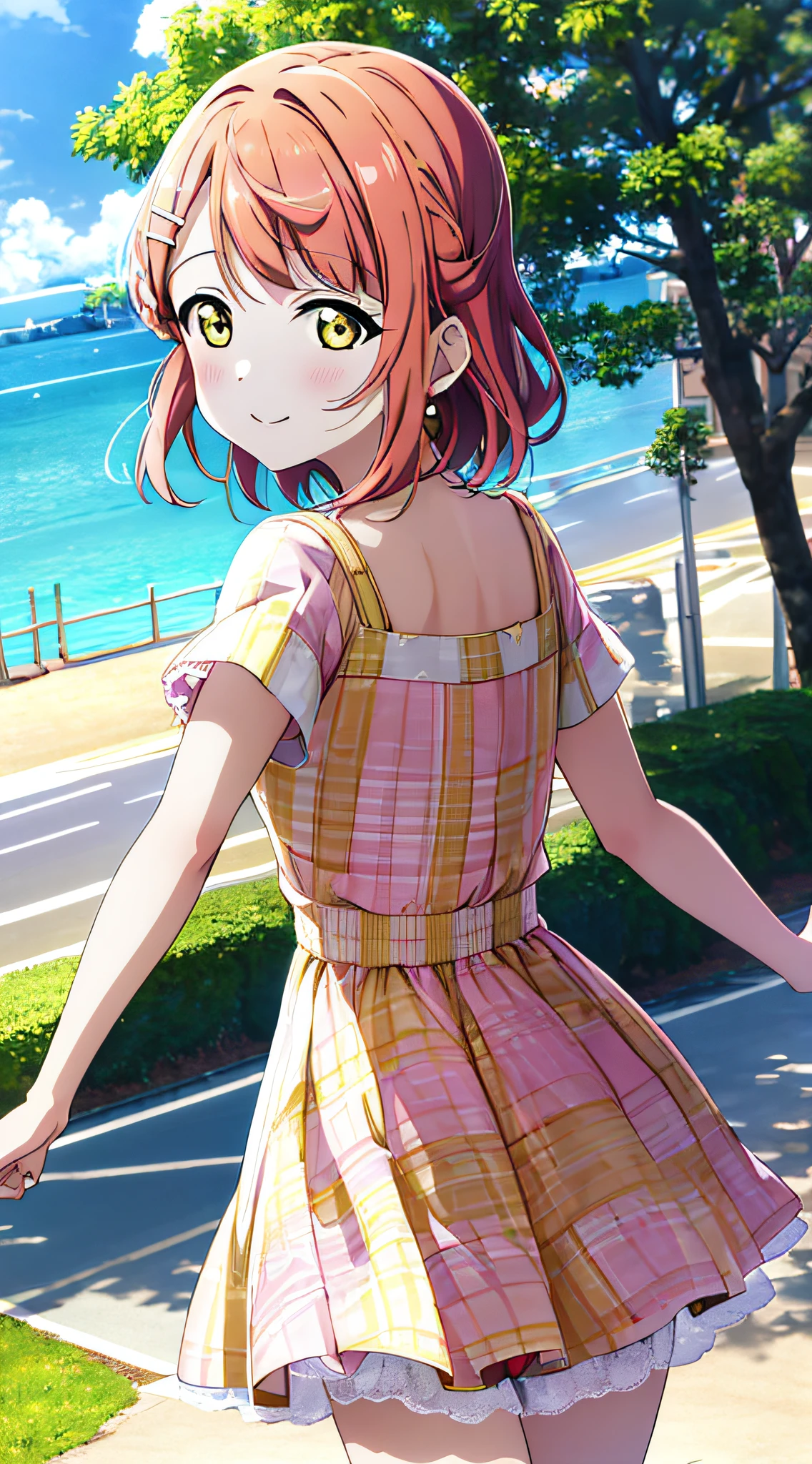 high quality, best quality, masterpiece,, ayumu uehara, 1girl, Anime-style color grading, bushiroad studio coloring style, yellow eyes, medium hair, pink hair, dress, blue sky dress, outdoor,, under the tree, sunny day, letter, holiday,bright, one side lightning