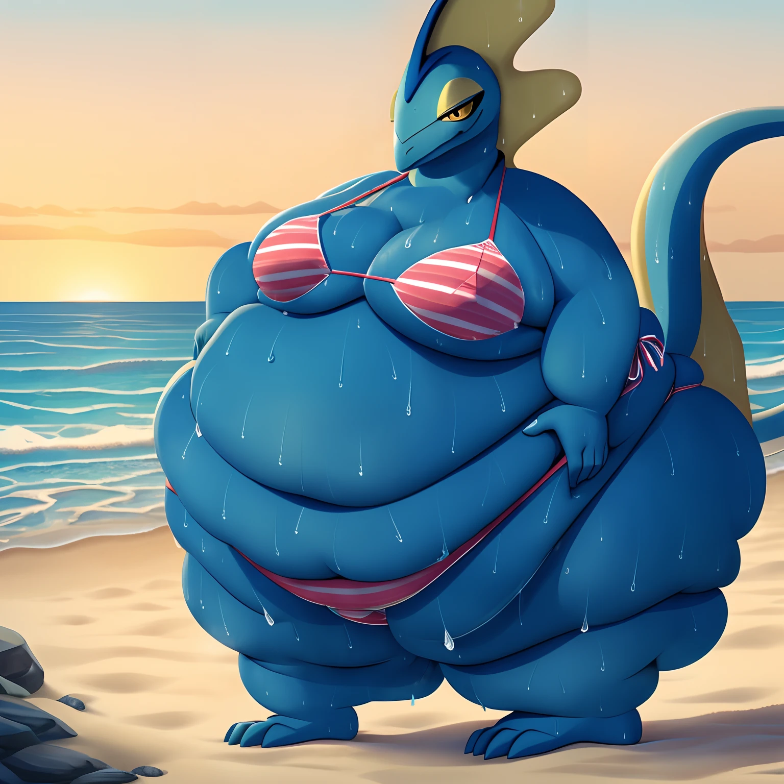 Female, (obese:2), (Inteleon:1.2), wearing (bikini:1.5) standing, (Beach:1.3), (weightobese:1.6), outdoors, detailed background, (sweaty:2),