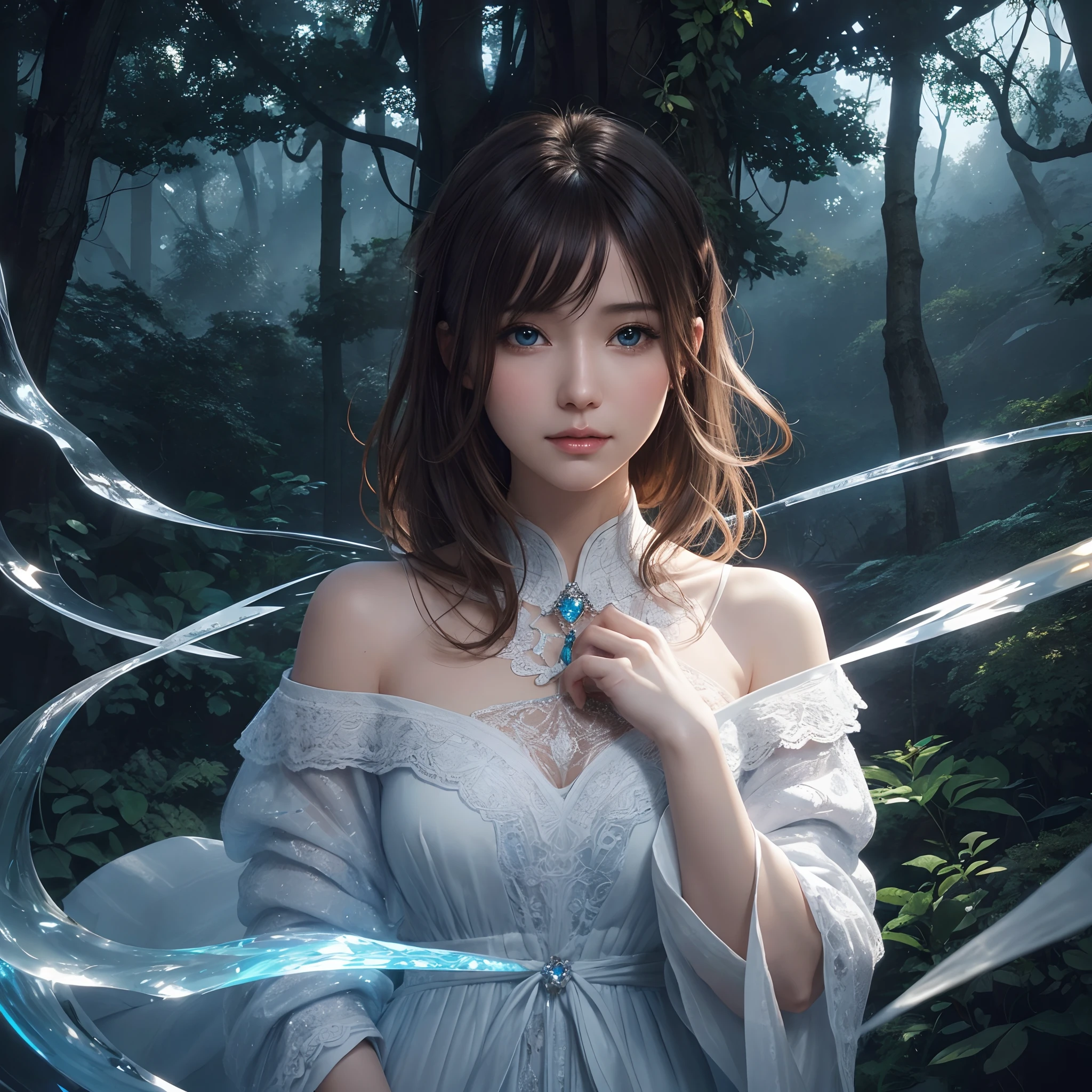 hightquality、8K Ultra HD、fullllbody、1 16-year-old female、Gentle smile、Rich facial expressions、robe blanche、light brown hair、Blue eyes、(There is a nice healing forest in the background)、cute little、Beautiful fece、portlate、art by:Alberto Seveso、Abstract art style、Complex and intricate watercolor painting 、digitial painting、concept-art、Volumetric lighting、TanvirTamim、metal reflective、2d render、8K。 by artgerm、Trending on ArtStation