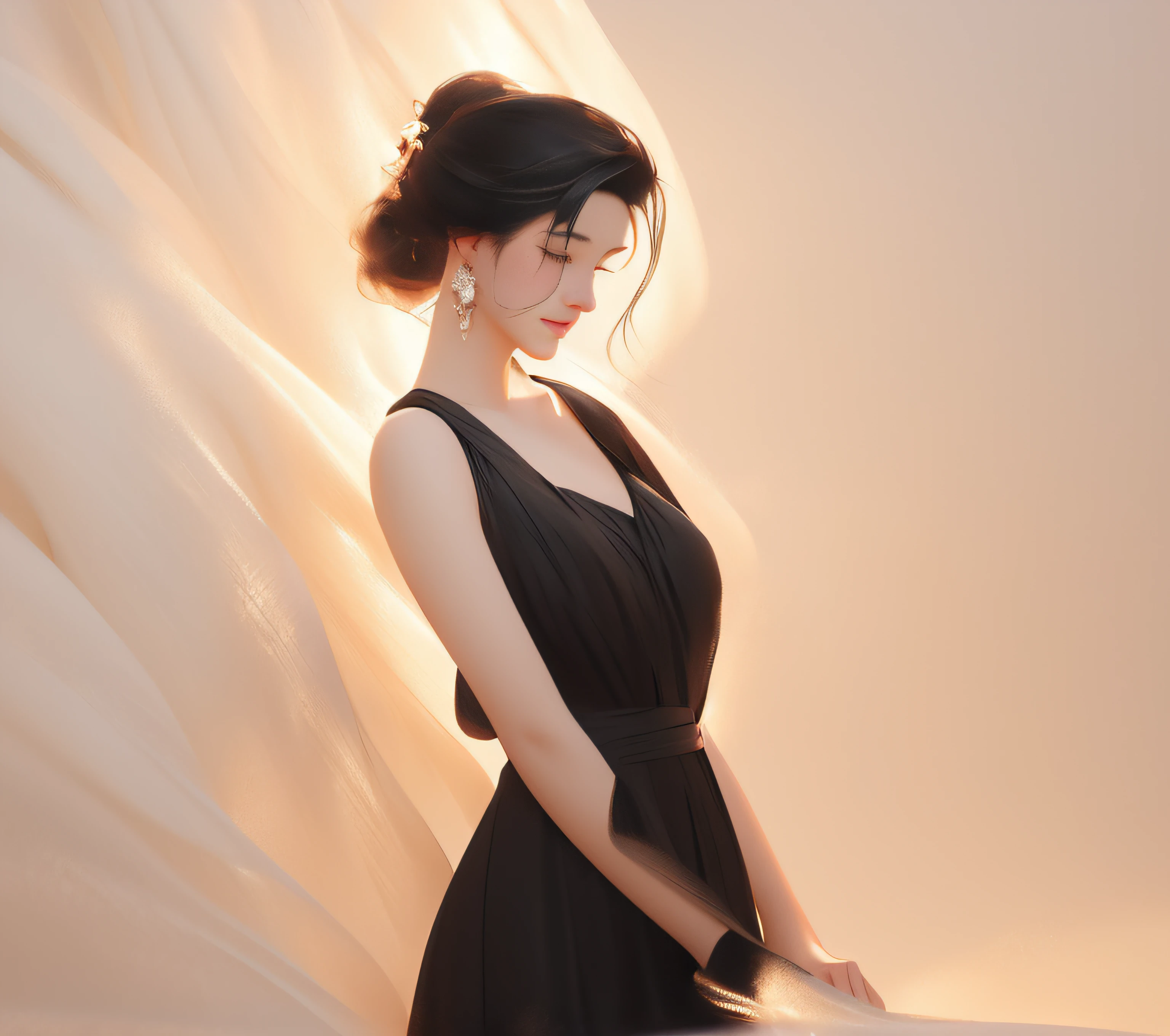 There was a woman in a black dress，Wearing earrings, Girl in black dress, digital art of an elegant, an elegant woman in black dress, with short hair, she wears a black dress, high and cold，Sweet cool，Domineering，Playful，elegant profile pose, Girl with black hair, cute elegant pose, portrait of anime woman, in the art style of bowater, character full body portrait，The style of digital illustration, 3 D rendering character art 8 K, stunning art style, Anime style, anime styled 3d, stylized portrait formal pose, Stylized digital art, stunning digital illustration，clean backdrop