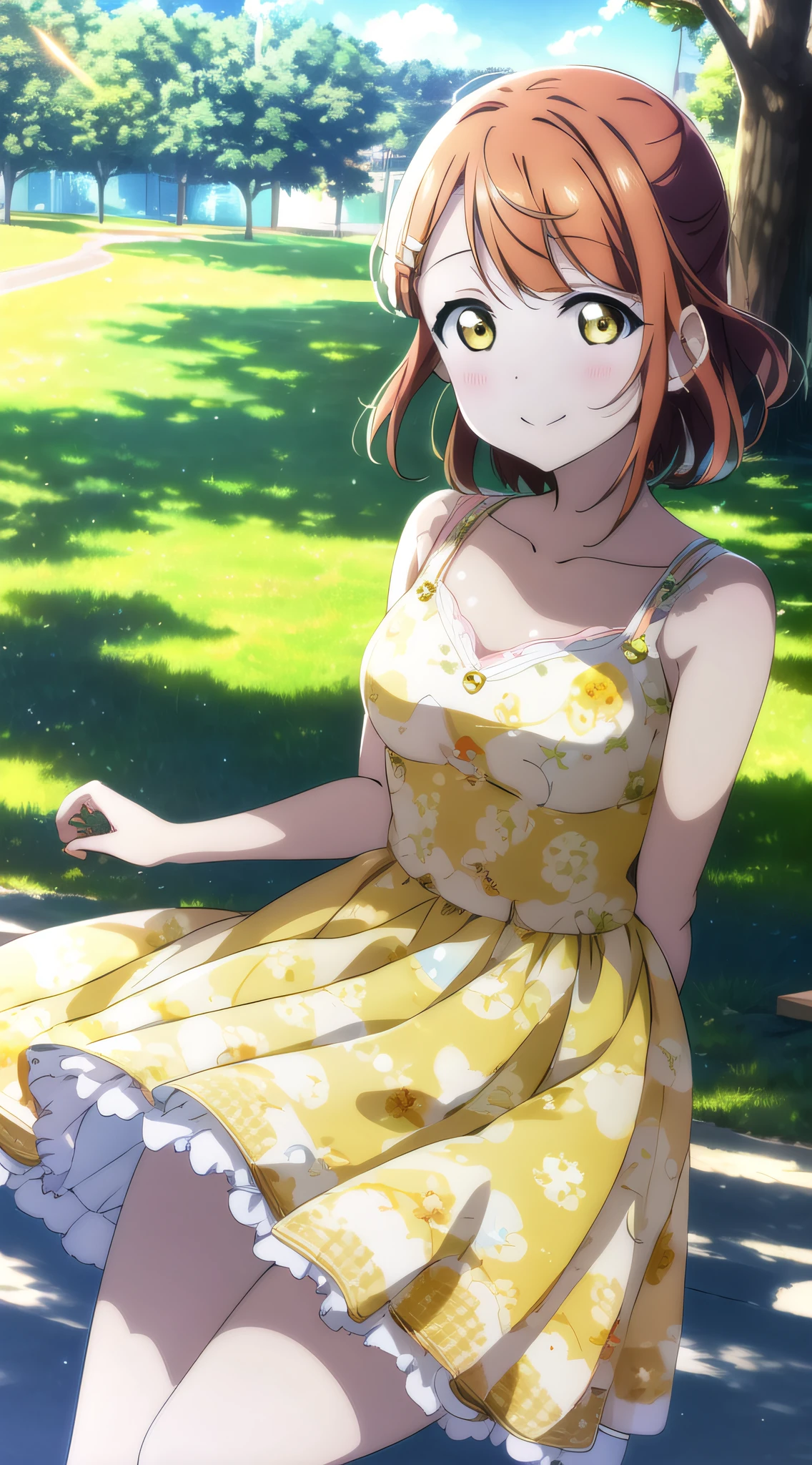 high quality, best quality, masterpiece,, ayumu uehara, 1girl, Anime-style color grading, bushiroad studio coloring style, yellow eyes, medium hair, dress, blue sky dress, outdoor,, under the tree, sunny day, letter, holiday,bright, one side lightning