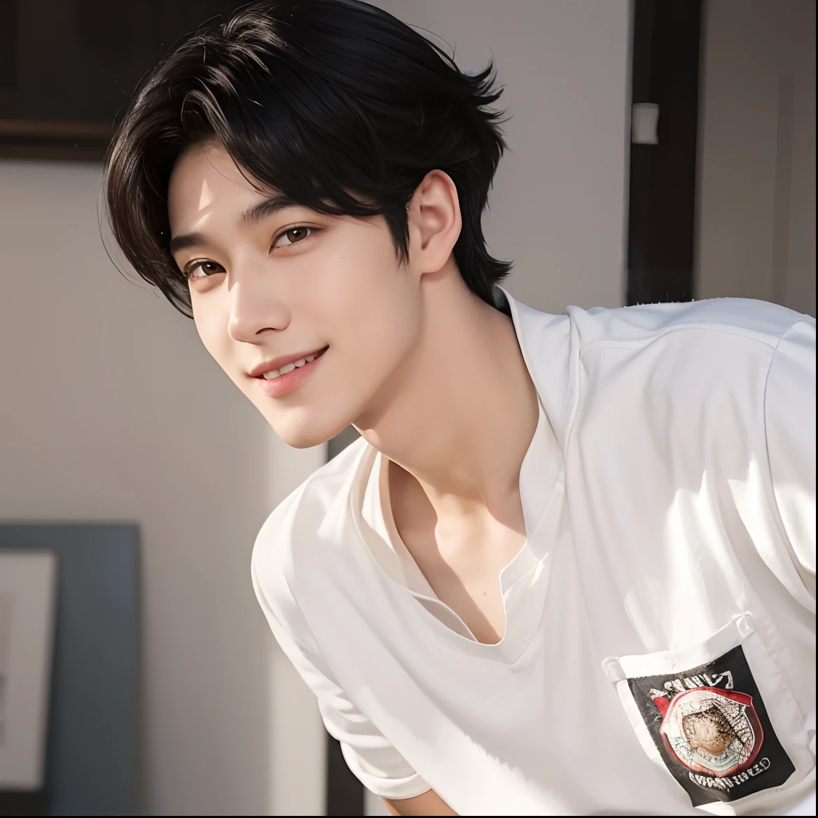 A teenage boy with realistic black hair, exactly the same hairstyle, realistic handsome face, realistic smiling expression,Realistic bad boy eyes, adapt Exactly the same clothes, realistic white shirt, realistic light, realistic shadows, r background