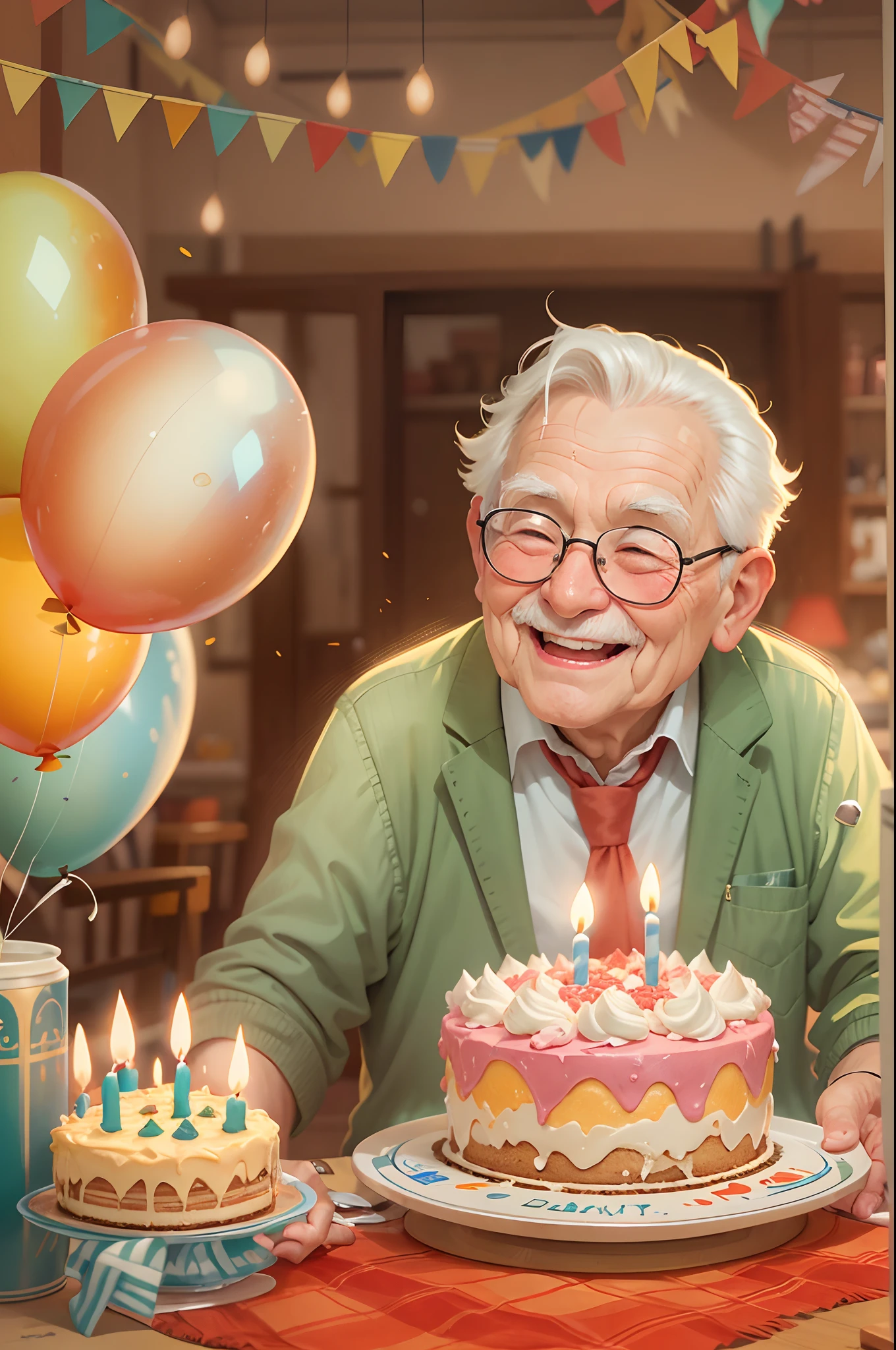 An illustration，Chubby grandpa 80 happy birthday scene. The scene is depicted in an illustrative and watercolor style, With rich details and vibrant colors. Chubby grandpa with a big smile on his face, It has beautiful and delicate eyes and lips. He has white hair, It is designed as an intricate blonde hair accessory. He wears a gray jacket. The focal point of the scene was a giant birthday cake, Decorated with colorful candles. The cake is a double-layered cream cake, With pink frosting and garnishes. The table is covered with a red tablecloth, The background is bright green. The whole image quality is the best, With ultra-detailed and realistic elements. The lighting is warm and inviting, Emphasize the joyful atmosphere of Grandpa's birthday celebration.