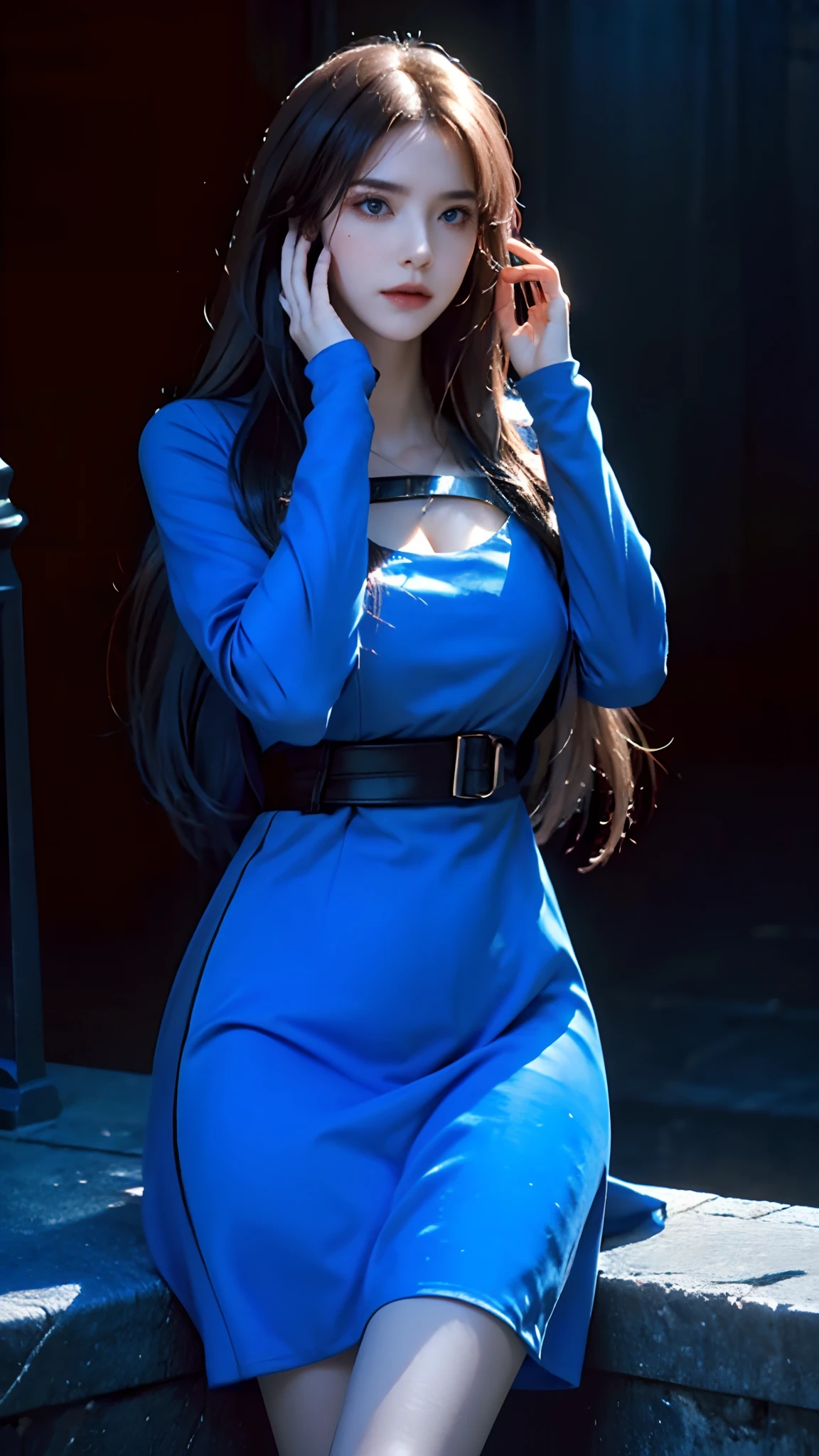 1woman, hand on face pose, top quality, long hair, gothic architecture, attractive pose, detailed eyes, Realistic, blue dress, dramatic light, eye highlights, dark, deep shadows, origen, freedom