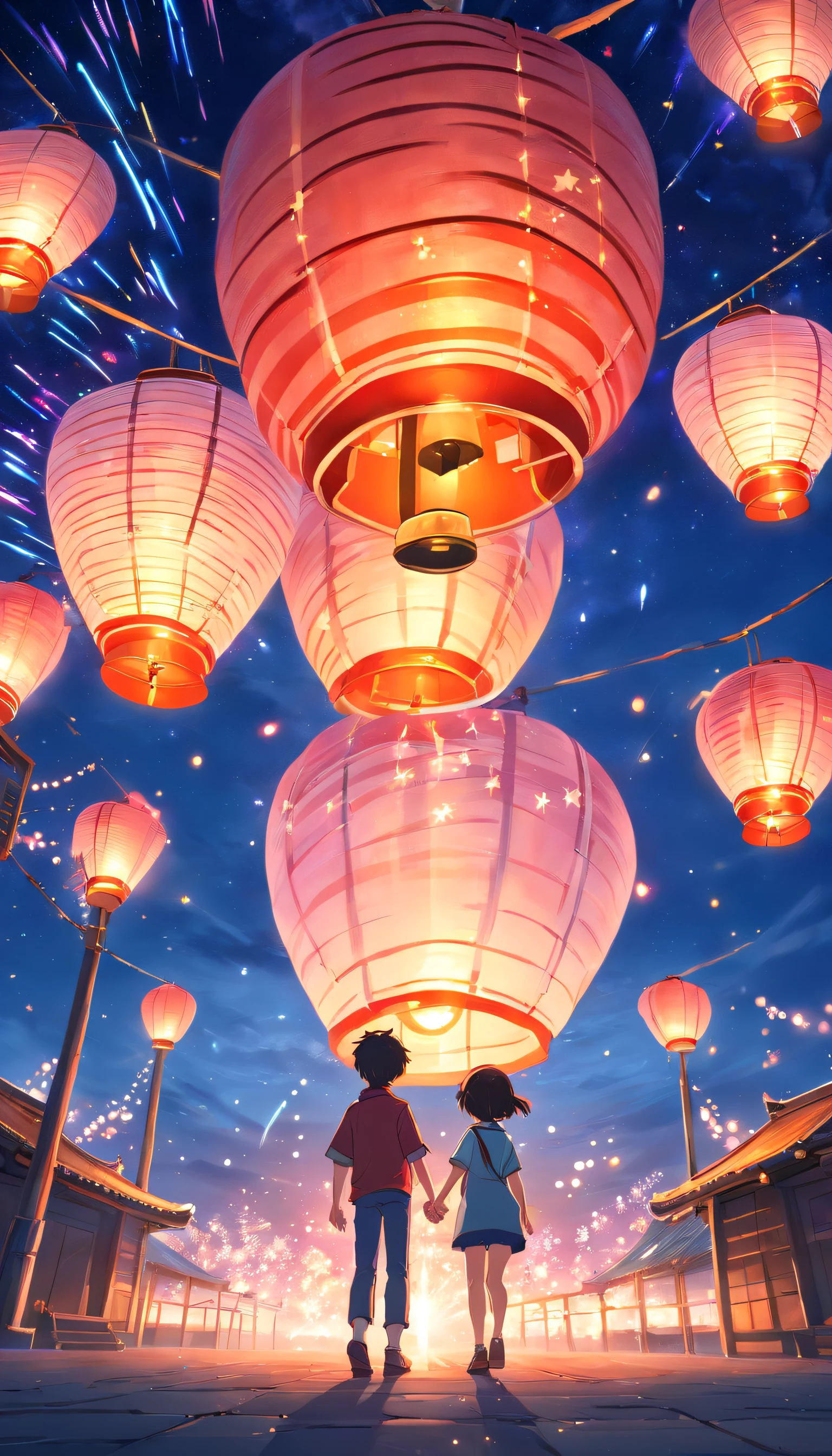 girl,Hand in hand,Look at the Kong Ming lantern in front of you,and the starry sky,Fireworks decorate,What love looks like,Anime feeling
