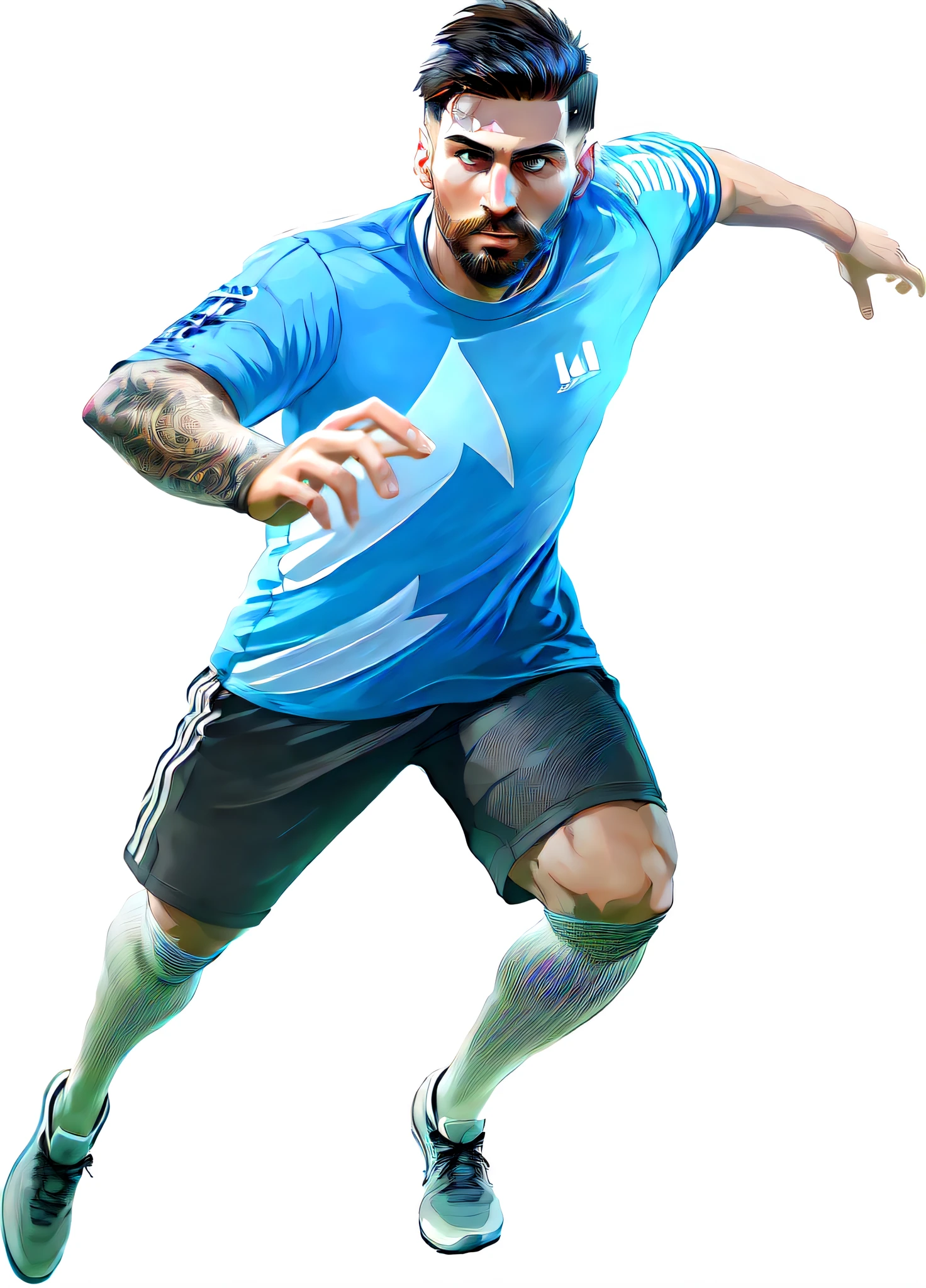 An Alafidian in a blue shirt and black shorts is playing football, Inspired by Hans Mertens, lionel messi portrait, tony sandoval. adidas painting, guillem h. pongiluppi, Inspired by Ludovit Fula, digitial painting, tony sart highly detailed, , digital painted,American retro poster style,modern times(American manga style)((lionel messi))