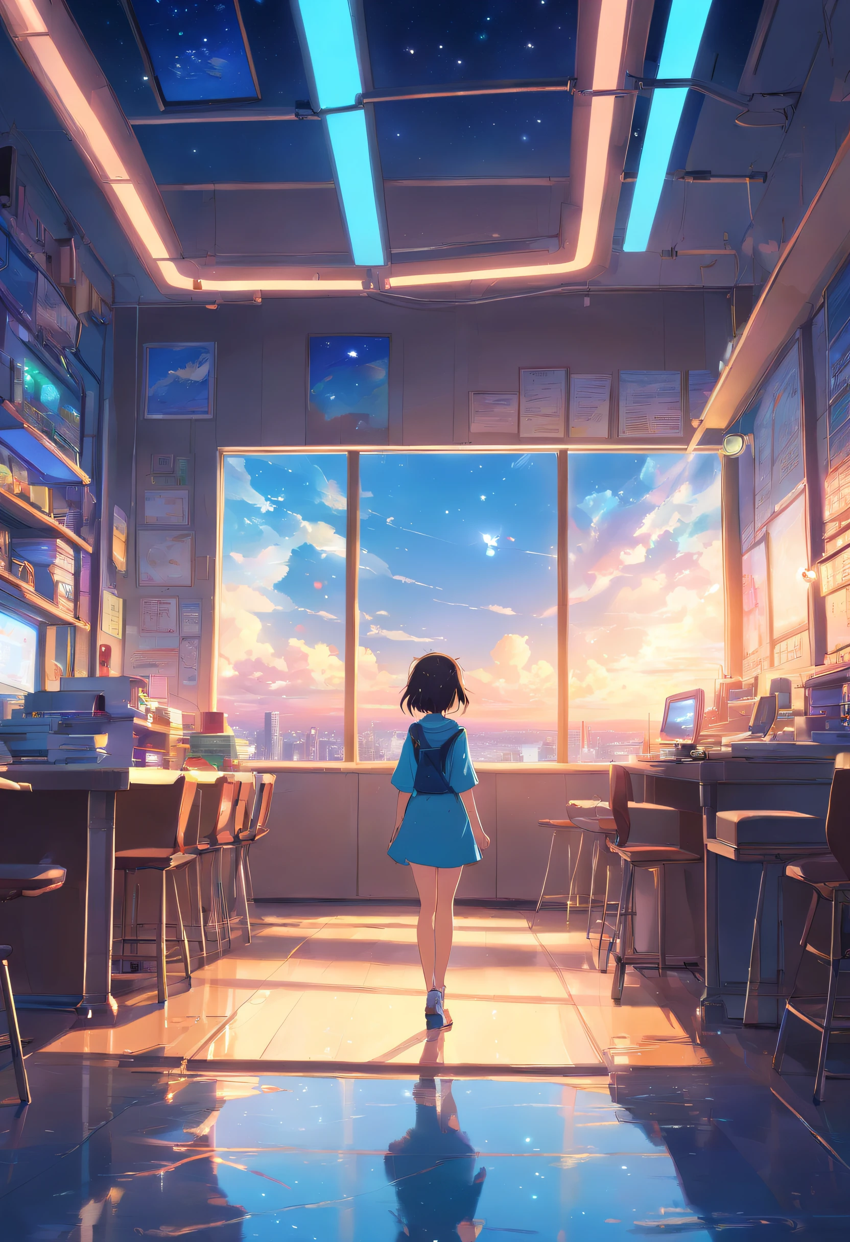 Faraway view、landscapes、Outrageous resolution、The top half is empty、Below is the floor、with light glowing、Fantasia、Clear the blue sky、Many bright stars々、beautiful lighting、clear lighting、Soft lighting、Many bright magic lights、Stars Falling from the Sky, Abandoned search facility
