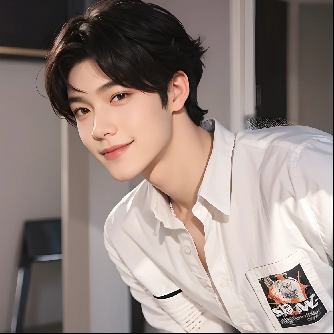 A teenage boy with realistic black hair, exactly the same hairstyle, realistic handsome face, realistic smiling expression,Realistic bad boy eyes, adapt Exactly the same clothes, realistic white shirt, realistic light, realistic shadows, r background,Realistic white shirt