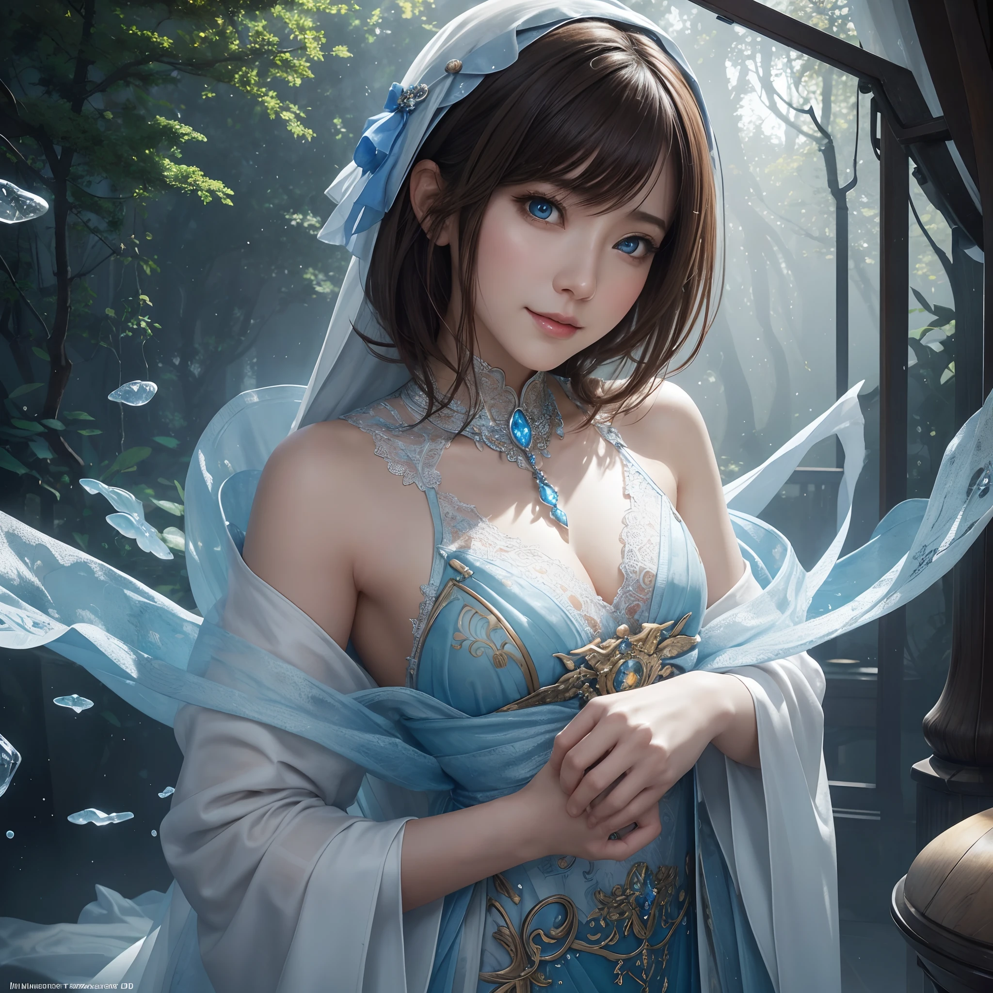 hightquality、8K Ultra HD、fullllbody、1 16-year-old female、Gentle smile、Rich facial expressions、Glass harp、robe blanche、light brown hair、Blue eyes、(Lovely soothing forest and babbling in the background)、cute little、Beautiful fece、portlate、Antique architecture、Crystal Brilliance、art by:Alberto Seveso、Abstract art style、Complex and intricate watercolor painting 、digitial painting、concept-art、Volumetric lighting、TanvirTamim、metal reflective、2d render、8K。 by artgerm、Trending on ArtStation