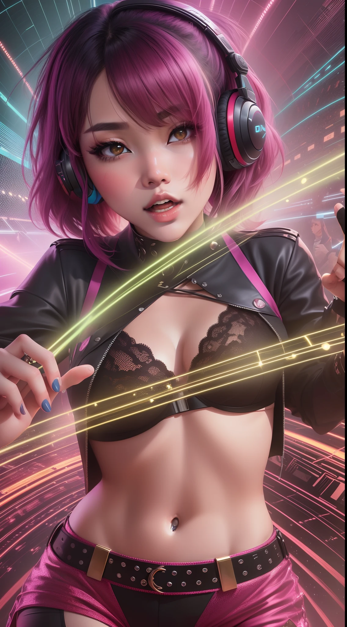 Mujer con un top negro y pantalones cortos rosas con auriculares, Tendencias en CGVatstation, Oppai cyberpunk, 8K Artgerm Bokeh, Chica de anime cyberpunk, Artgerm extremadamente detallado, Chica femenina de anime cyberpunk, Arte digital cyberpunk anime, Digital Cyberpunk - Arte Anime, Arte detallado de alta calidad 8K, dreamy cyberpunk girl, cyberpunk art styleYou're an AI designer tasked with creating a visually stunning thumbnail that effectively depicts a YouTube channel's unique concept of music video mashup. The channel combines Asian pop music videos with English-language music, creando una mezcla cautivadora de influencias culturales y estilos musicales. The thumbnail should grab the attention of viewers, atraerlos a hacer clic en el video, and accurately convey the exciting combination of Asian and English music.Thumbnail Description:En primer plano, We see a vibrant explosion of colors representing both Asian and Western cultures, with swirling patterns and intertwined neon lights. Dos colosales fotogramas de videoclips toman el centro del escenario, with an iconic Asian pop star on the left and an English musical artist on the right. The Asian pop star exudes energy and charisma, Movimiento capturado en medio del baile, while the English artist gives off a cold and confident aura. Your images overlap slightly, symbolizing the harmonious fusion of two musical worlds.El fondo muestra