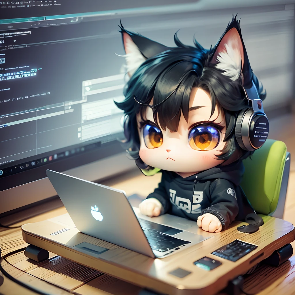 a cat programming on a computer, cartoon chibi graphic style. male cat , cat hacker --auto --s2