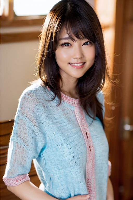 (8k, RAW photo, best quality, masterpiece:1.2), (realistic, photo-realistic:1.37), ultra-detailed, ultra high res,1 girl,looking at viewer,beautiful detailed face,smile,narrow,(slim waist:1.3),shirt, beautiful detailed skin, skin texture, floating hair,professional lighting,