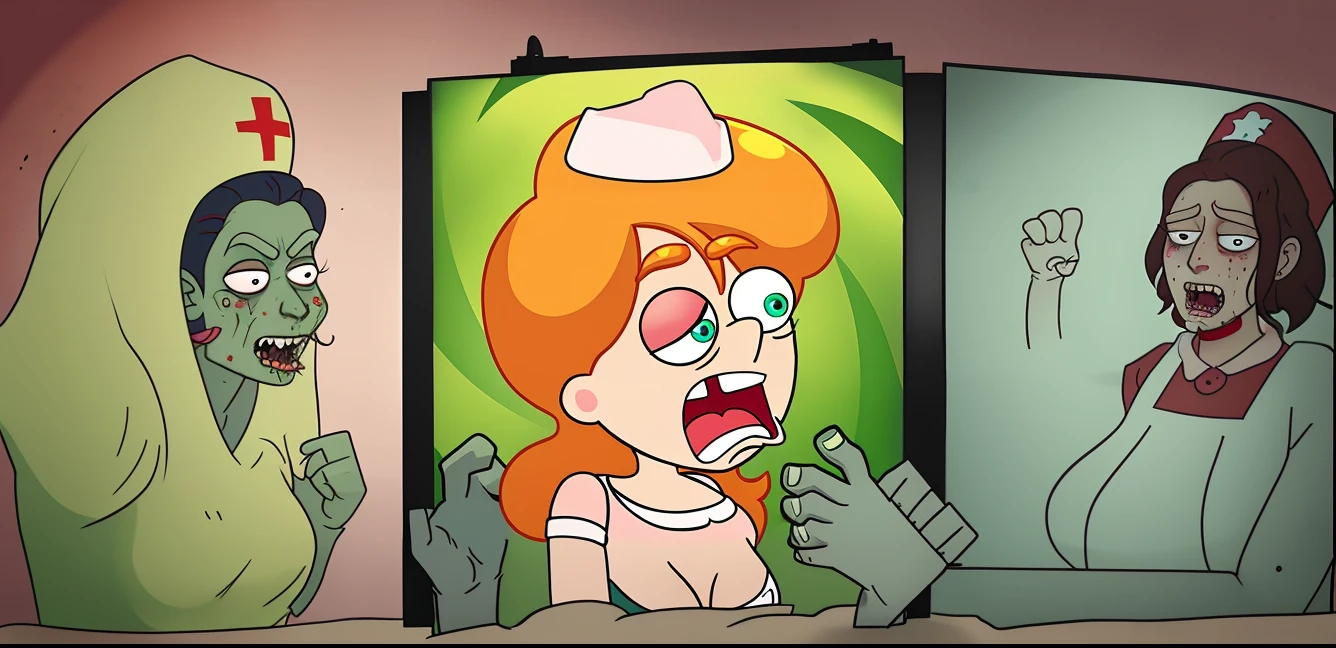 Cartoon of a woman in a nurse's hat and hands in the air, Zombies Attack, haunting!, Kim maybe, Horrible, Butcher rage rotting zombies, zombified, Stuck, insane, haunted, horror manga, crazy, animated cartoon series, Very sad, merging, Cartoon Art Style, evil princess, in rick and morty art style, horrified, mad, Cartoon Art Style