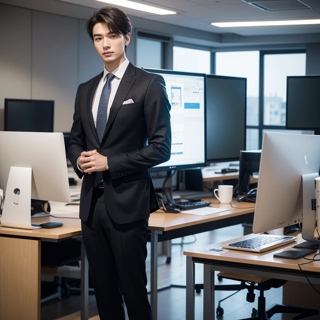 High-res, Realistic portrait of a professional office young man with perfect skin，Professional suits，Men's suits，stand posture，The upper part of the body，Male in the workplace，Highly detailed face, Show confidence and maturity, Surrounded by a modern corporate environment, Vibrant and naturally lit highlights. The artwork should emphasize his handsome and tough facial features. The scene should be enhanced with elements of professionalism and visual appeal，For example, Stylish work desk, Mainframe computers, High-resolution LCD display, and complex stationery. The overall tone should be warm and professional, Has a soft and natural color palette. The artwork should exude a sense of professionalism, Success, and cultural pride，The background is blurred out，F2.8，denoised,