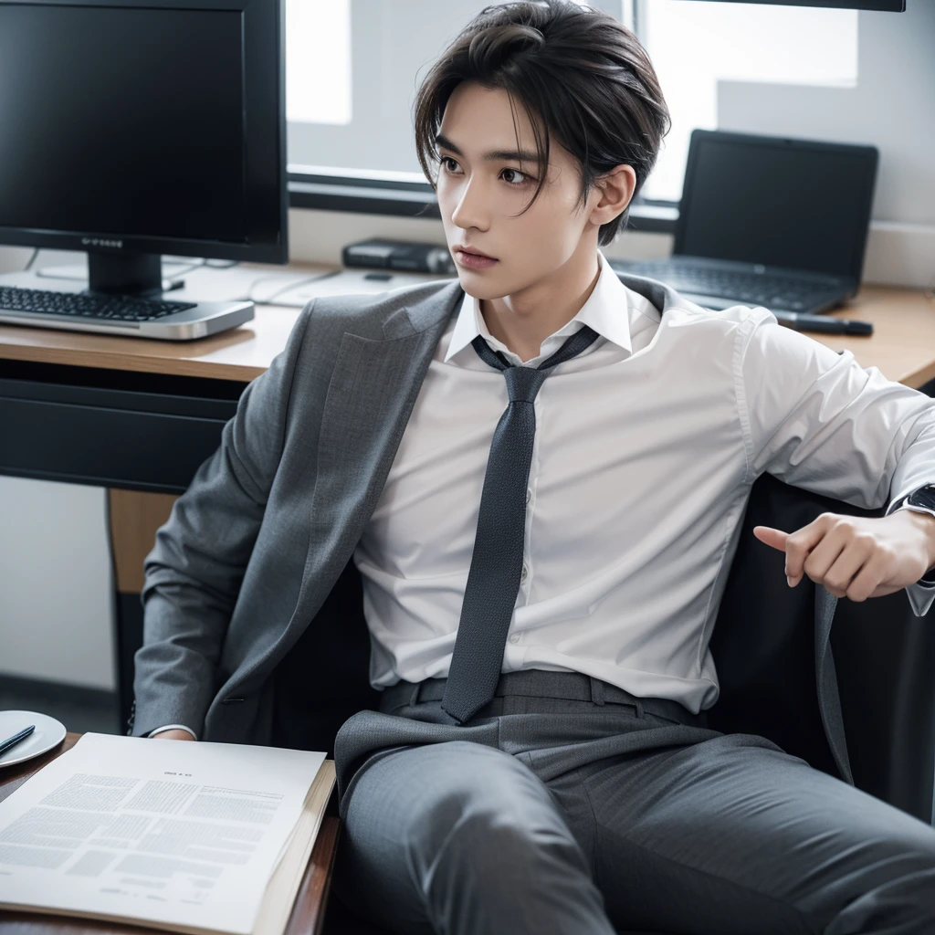High-res, Realistic portrait of a professional office young man with perfect skin，Professional suits，Men's suits，stand posture，The upper part of the body，Male in the workplace，Highly detailed face, Show confidence and maturity, Surrounded by a modern corporate environment, Vibrant and naturally lit highlights. The artwork should emphasize his handsome and tough facial features. The scene should be enhanced with elements of professionalism and visual appeal，For example, Stylish work desk, Mainframe computers, High-resolution LCD display, and complex stationery. The overall tone should be warm and professional, Has a soft and natural color palette. The artwork should exude a sense of professionalism, Success, and cultural pride，The background is blurred out，F2.8，denoised,
