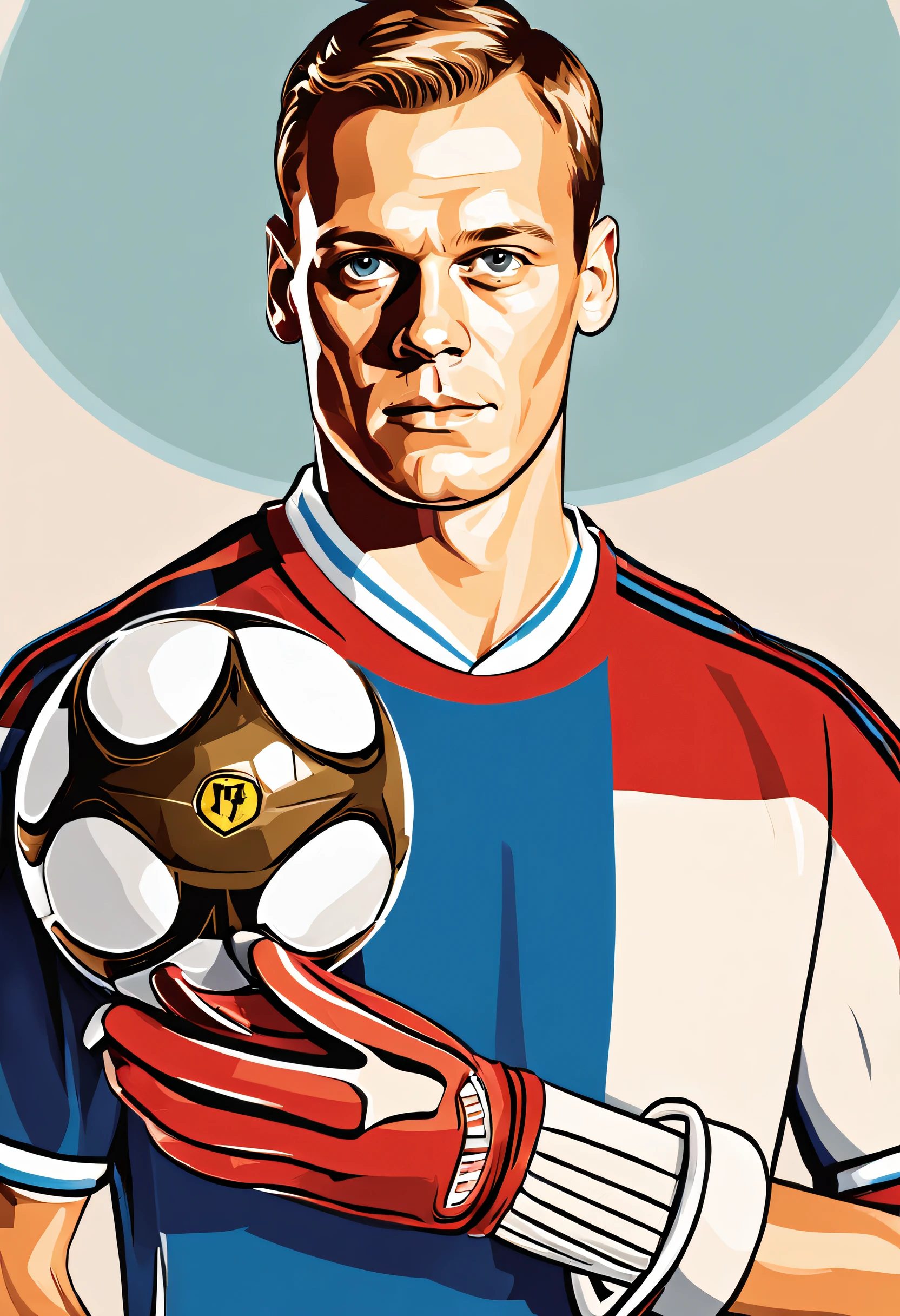 soccer player, Manuel Neuer, Stand head-on, Guard status。Hands with sports gloves, Goalkeeping, Bust of Manuel Neuer, Manuel Neuer, footballer, American retro poster style, Modern era style, The fifties and sixties of the last century, close-up, 16k