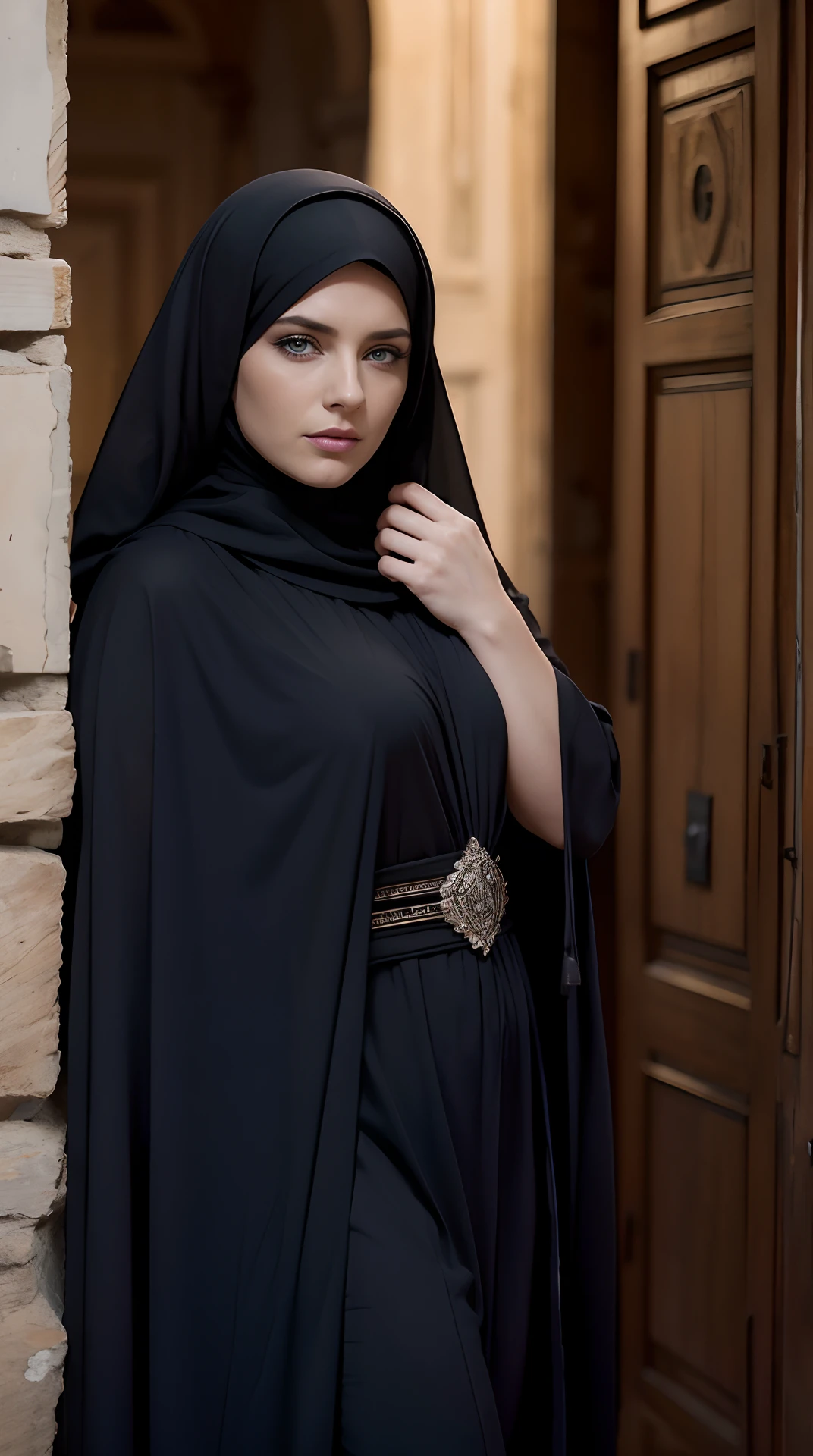 Photo brute, femme 25 ans, Image jusqu’à la taille au centre de la composition, ((long, noir, cheveux bouclés)), yeux bleus, hautain, salope, arrogant, brodé d’or du haut Moyen Âge (caftan Islamique marocain) avec long, grand, Manches droites spacieuses, dans un château médiéval, arrière plan flou, 8K UHD, Faible éclairage, hiquality, grain du film, Fujifilm XT3