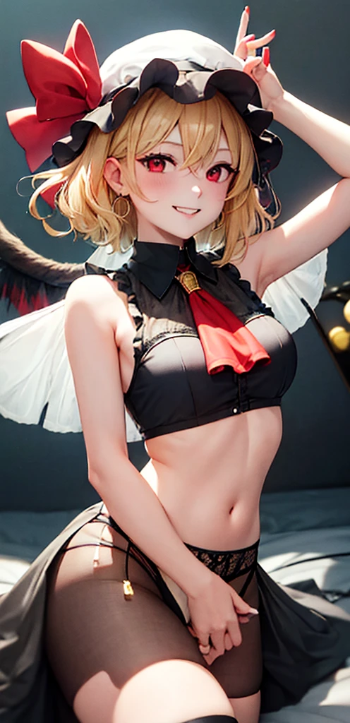 best quality, masterpiece, highres, solo, {night:1.10}, {starry sky:1.10}, beach, beautiful detailed sky, {extremely detailed background:1.20}, {flandre_scarlet_touhou:1.15}, {standing:1.10}, looking at viewer, {bikini:1.30}, blonde_hair, wings, red_eyes, crystal, bangs, hat, one_side_up, ribbon, mob_cap, bow, blush, smile, vest, white_headwear, red_vest, ascot, hair_between_eyes, red_bow, red_ribbon, upper_body, hat_ribbon, yellow_ascot, short_hair, light smile, huge breasts, cleavage, fishnet, goth, black lipstick, fishnet dress, fishnet pantyhose, evil, muscular arms, muscular midriff, abs, muscular thighs, sixpack