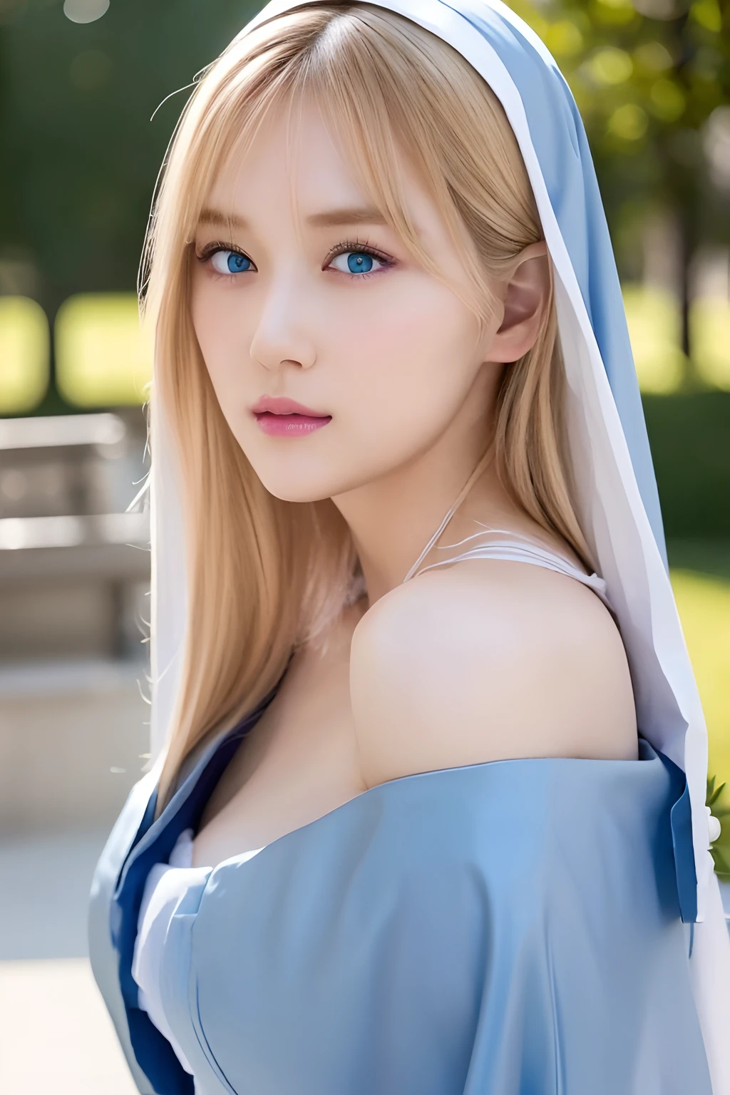 (Best Quality,4K,8K,hight resolution,masutepiece:1.2),Ultra-detailed,Realistic,beautiful detailed blue eyes,Beautiful detailed lips,extra detailed face,Long hair,1girl in,Beautiful blonde girl,Wear a nun's costume,Cute,Attractive,chies, sportrait, Detailed eyes