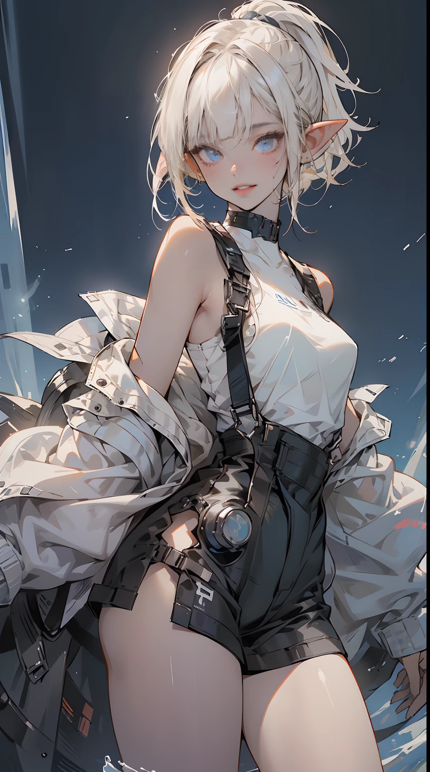 ((ultra-high picture quality)), (1 girl), (beauty elf), Ordinary worker, big breasts, perfect body, overalls, light smile, fresh, messy, (asymmetrical bangs:1.3), ponytail hair, highly detailed face and eyes, Perfect lips, (white blonde hair, Deep Blue Eyes:1.2), cyberpunk, sci-fi, tech wear, character portrait, bare shoulders, intricate, Dusk, Sunset, Afternoon, digital art, Aesthetic, cinematic Lightning, by Yusuke Murata.