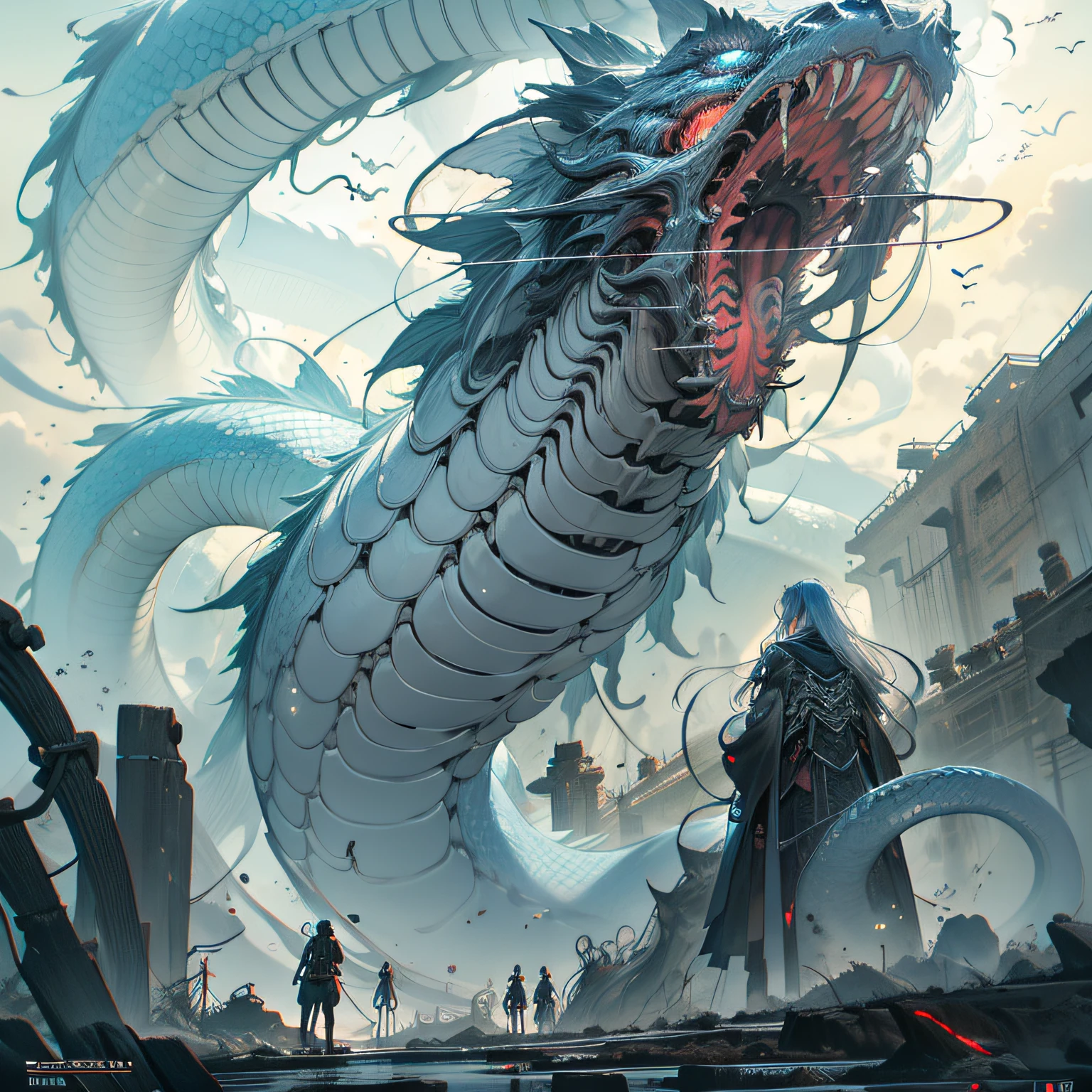A giant transparent Orochi snake coming out of the black liquid sea in Metrak ,Visible mechanical spinal cord with blue neon light and skeleton, metal skeleton, Red sea background ,Cyborg style , Lightning, Photorealistic ,
,Wallpaper style ,A snake covering the entire picture