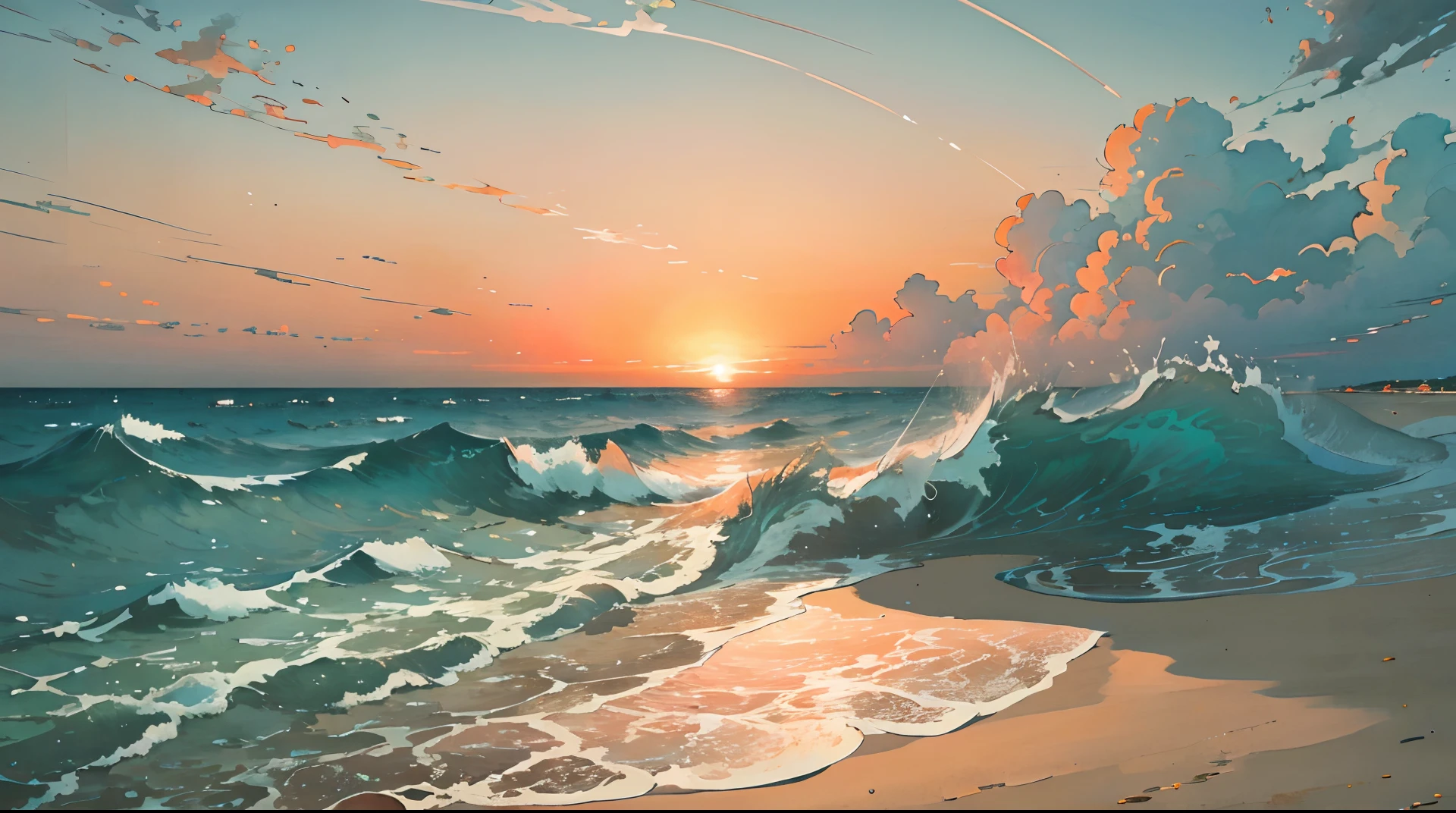 serene and melancholic scene at a beach during sunset. The atmosphere is filled with a gentle breeze and the sound of crashing waves. The sky is painted with hues of orange and pink, casting a warm glow over the scenery. Sitting alone on the sandy shore is a young anime boy, visibly distressed and shedding tears. His expression reflects sadness and contemplation. He is wearing casual clothes, perhaps a loose shirt and shorts, and his disheveled hair is gently swaying in the wind. The boy’s eyes are filled with a profound sense of longing and heartache. The composition captures the poignant moment when profound emotions collide with the serene beauty of nature, evoking a sense of empathy and introspection.