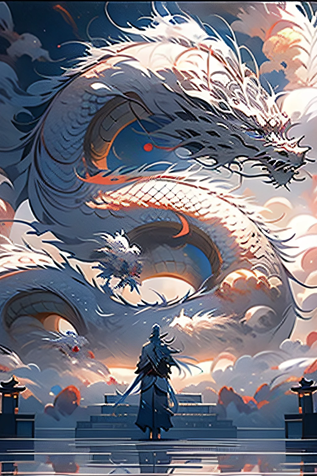 Ancient Chinese landscape,golden castle, Chinese black dragon,mountains, rivers, auspicious clouds, sunlight, masterpiece, super detail, epic composition, ultra high definition, high quality, extremely detailed, official art, uniform 8k wallpaper, super detail, 32k -- v 6