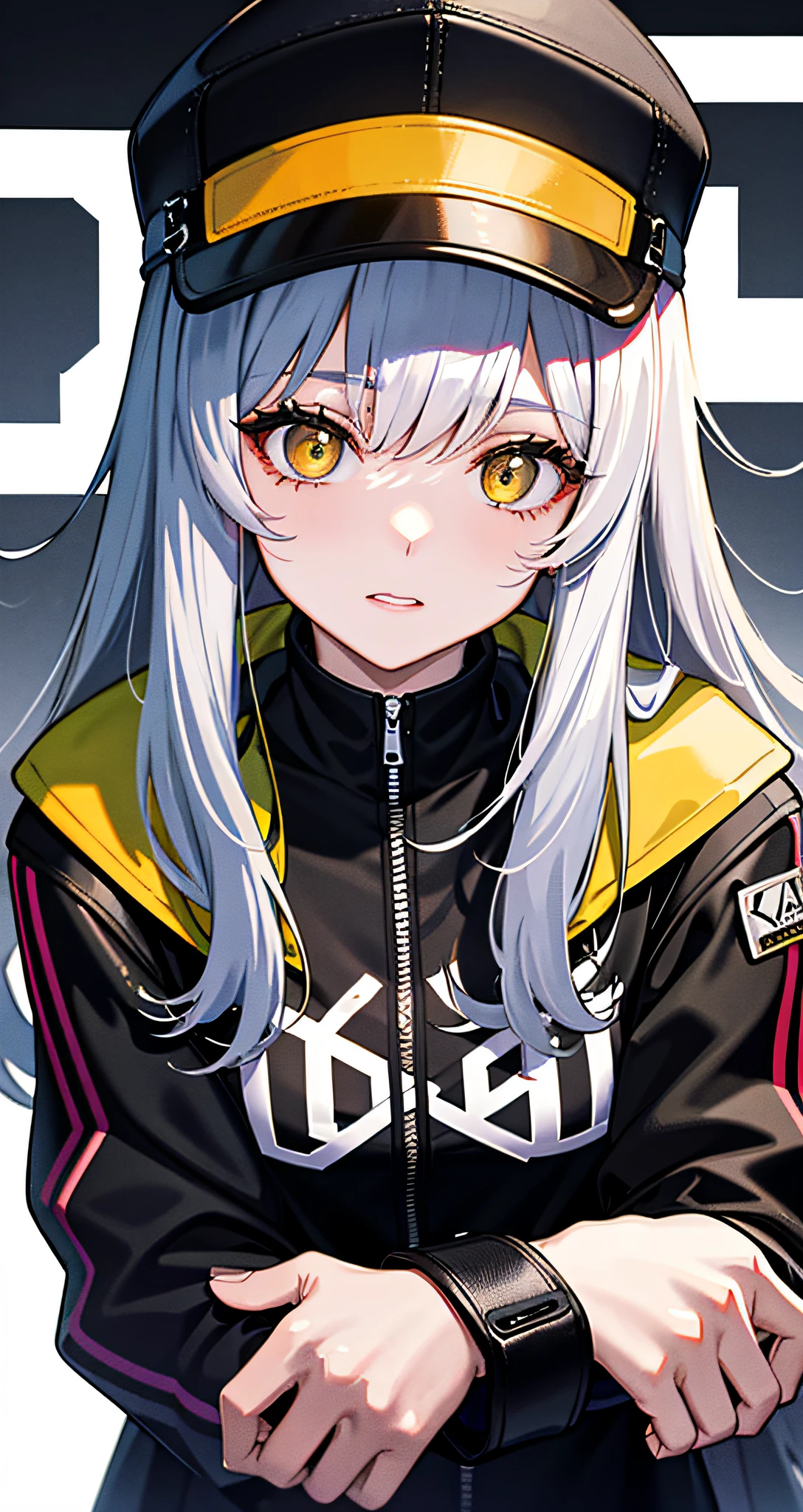 1girl in, Long silver hair, hat, cyberpunk jackets, cyberpunk jackets, Female, Yellow T-shirt, Big Miss, Upward view
